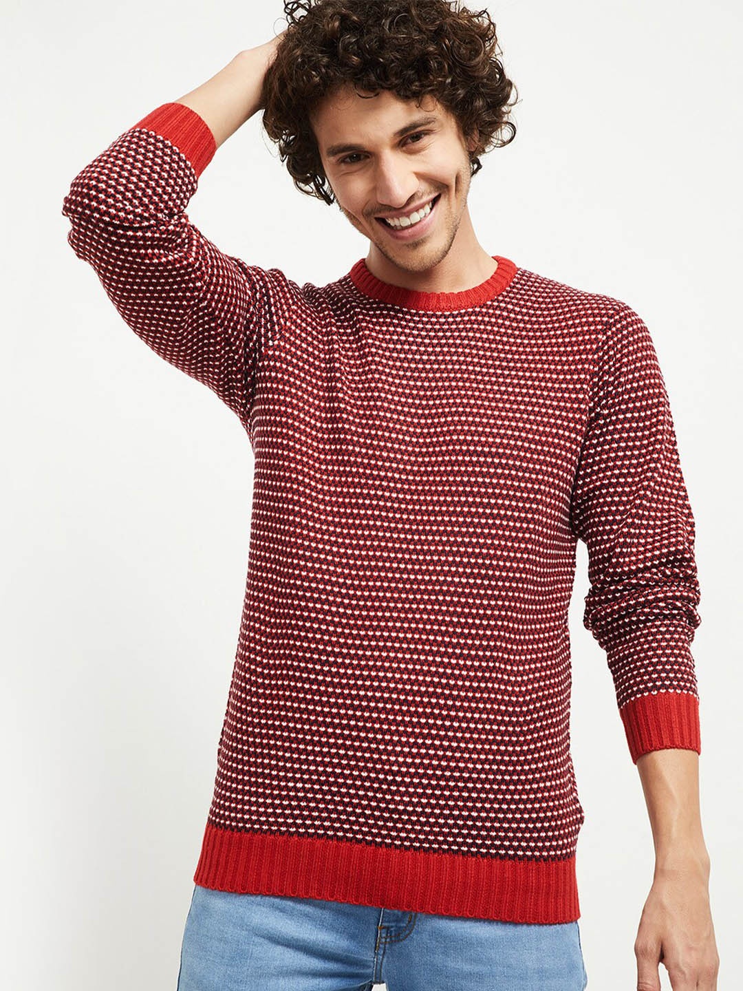 

max Men Red & White Printed Acrylic Pullover