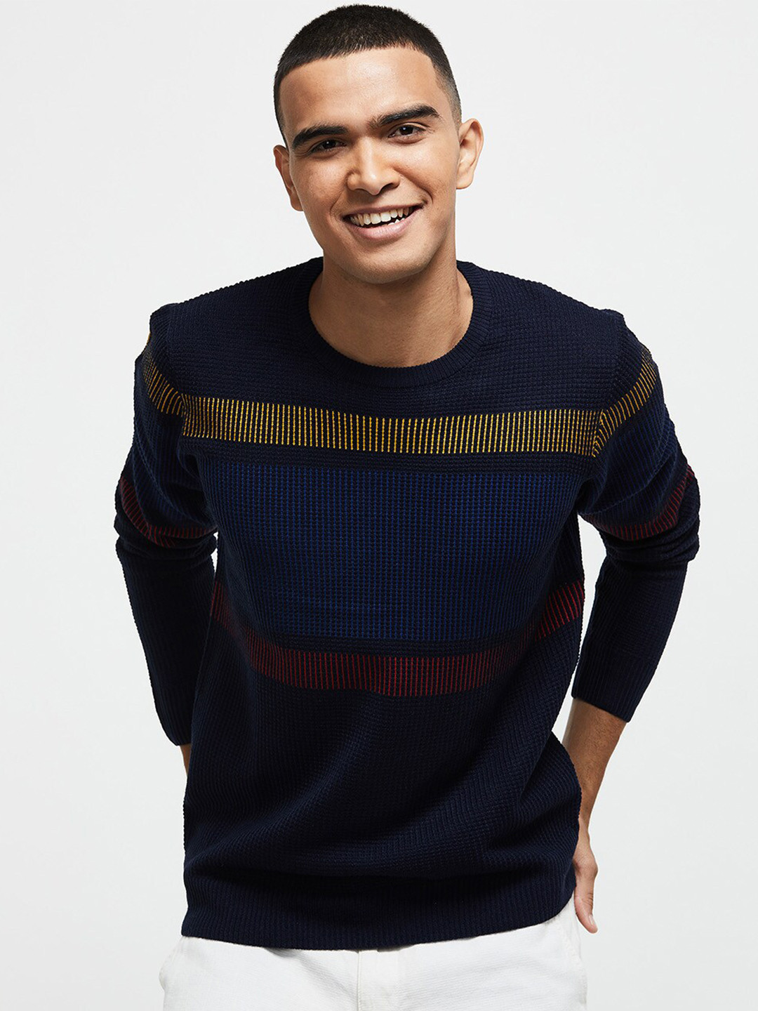 

max Men Navy Blue & Yellow Striped Pure Acrylic Pullover Sweater