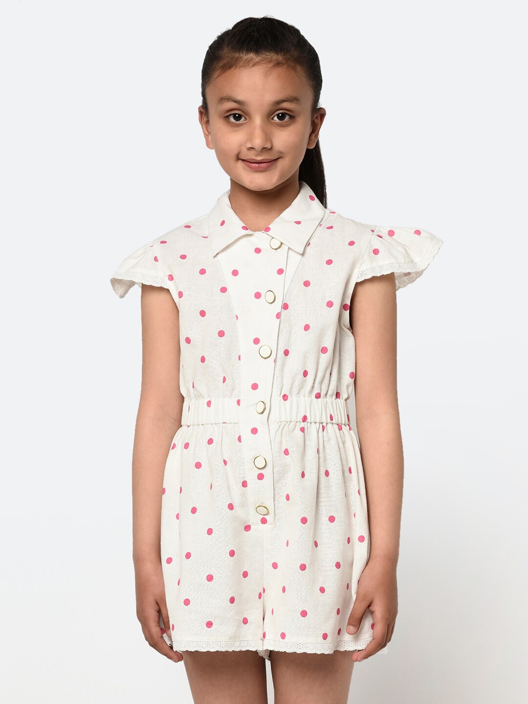 

BLANC9 Girls White & Pink Polka Dots Printed Cotton Playsuit