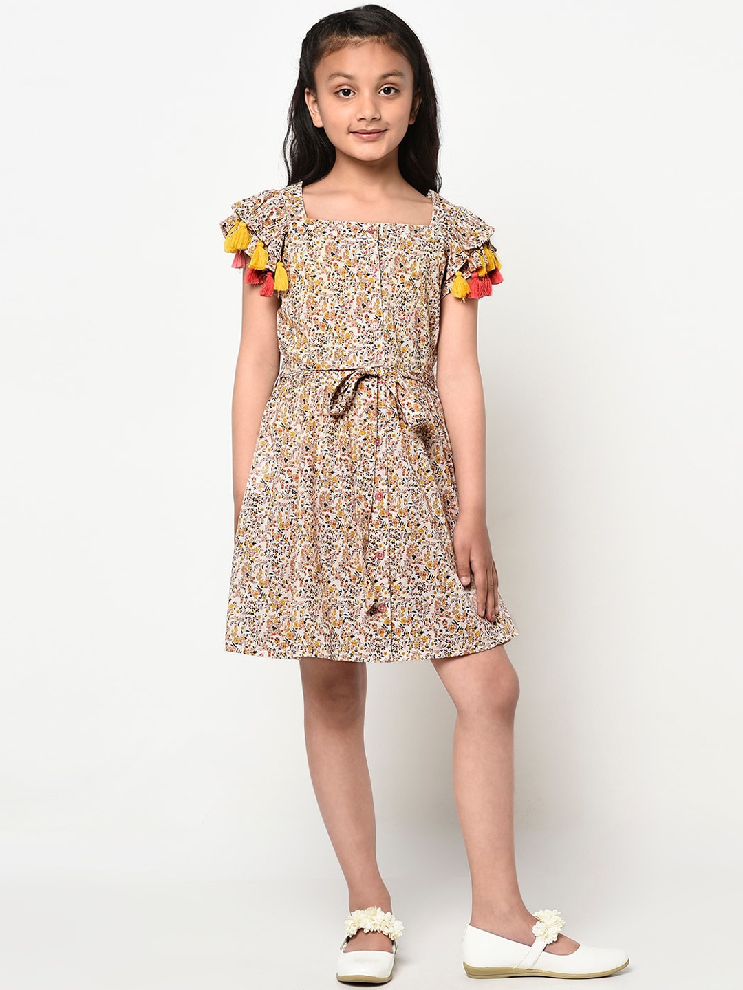 

BLANC9 Mustard Yellow & Multicoloured Floral Printed A-Line Dress