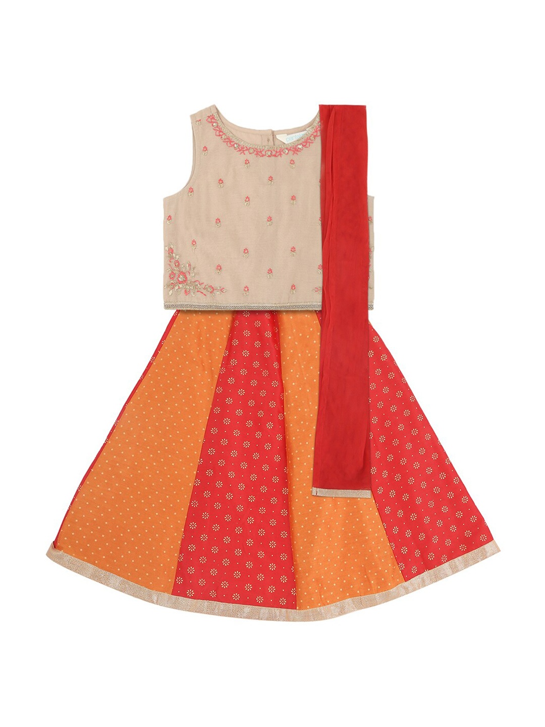 

AKKRITI BY PANTALOONS Girls Gold-Toned & Orange Embellished Semi-Stitched Lehenga & Ready to Wear Blouse