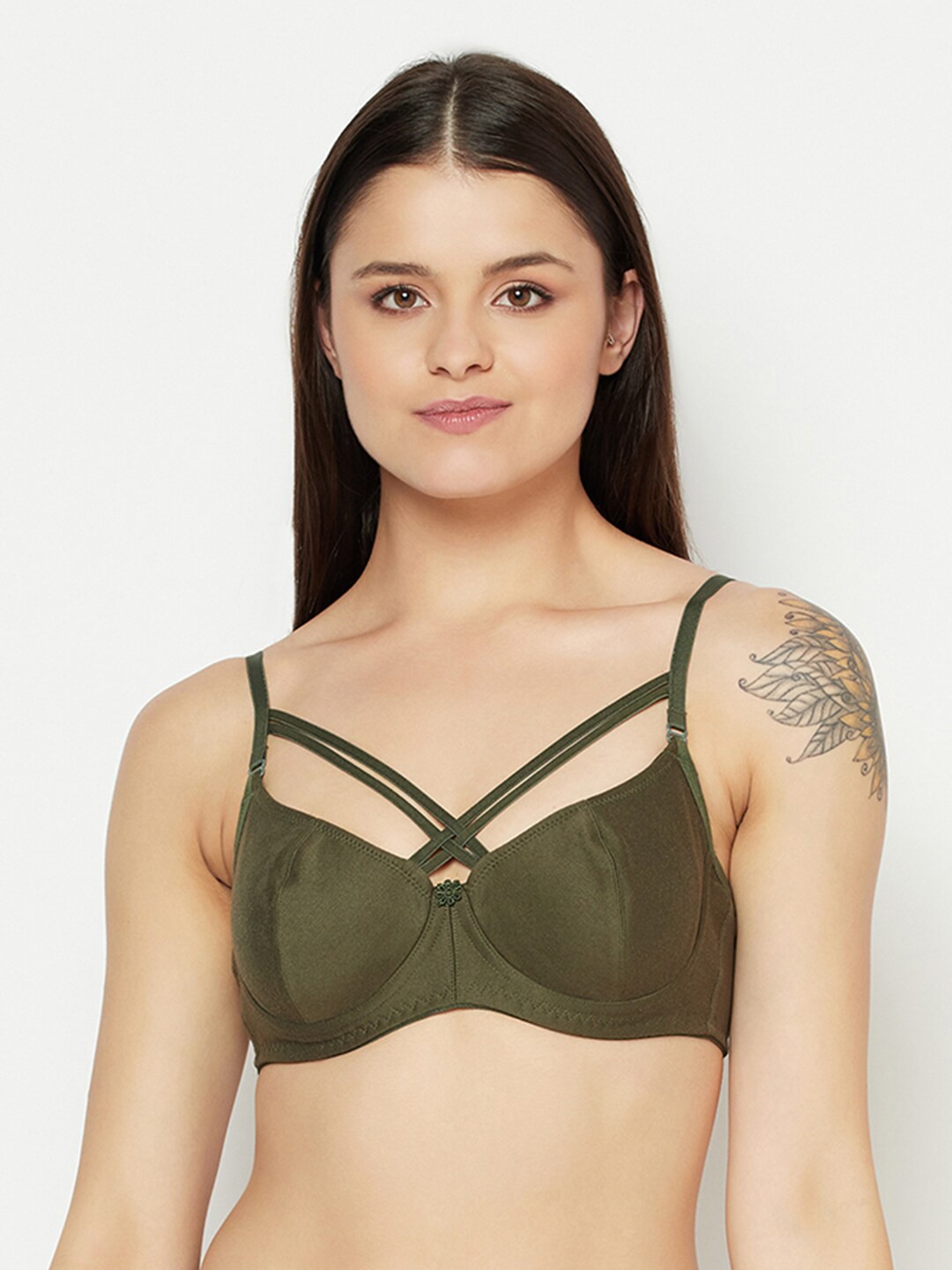 

PRETTYBOLD Olive Green Everyday Front Criss Cross Underwired Cotton Bra