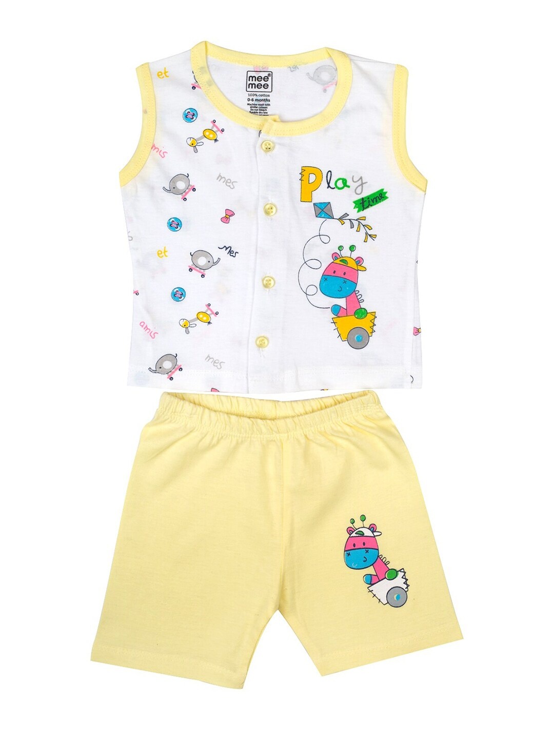 

MeeMee Boys Yellow & White Graphic Printed Pure Cotton T-shirt with Shorts