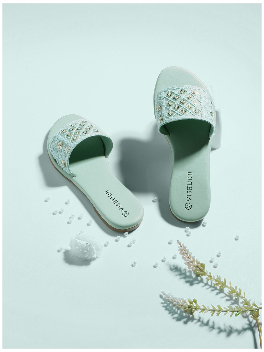 

Vishudh Women Sea Green Embellished Open Toe Flats
