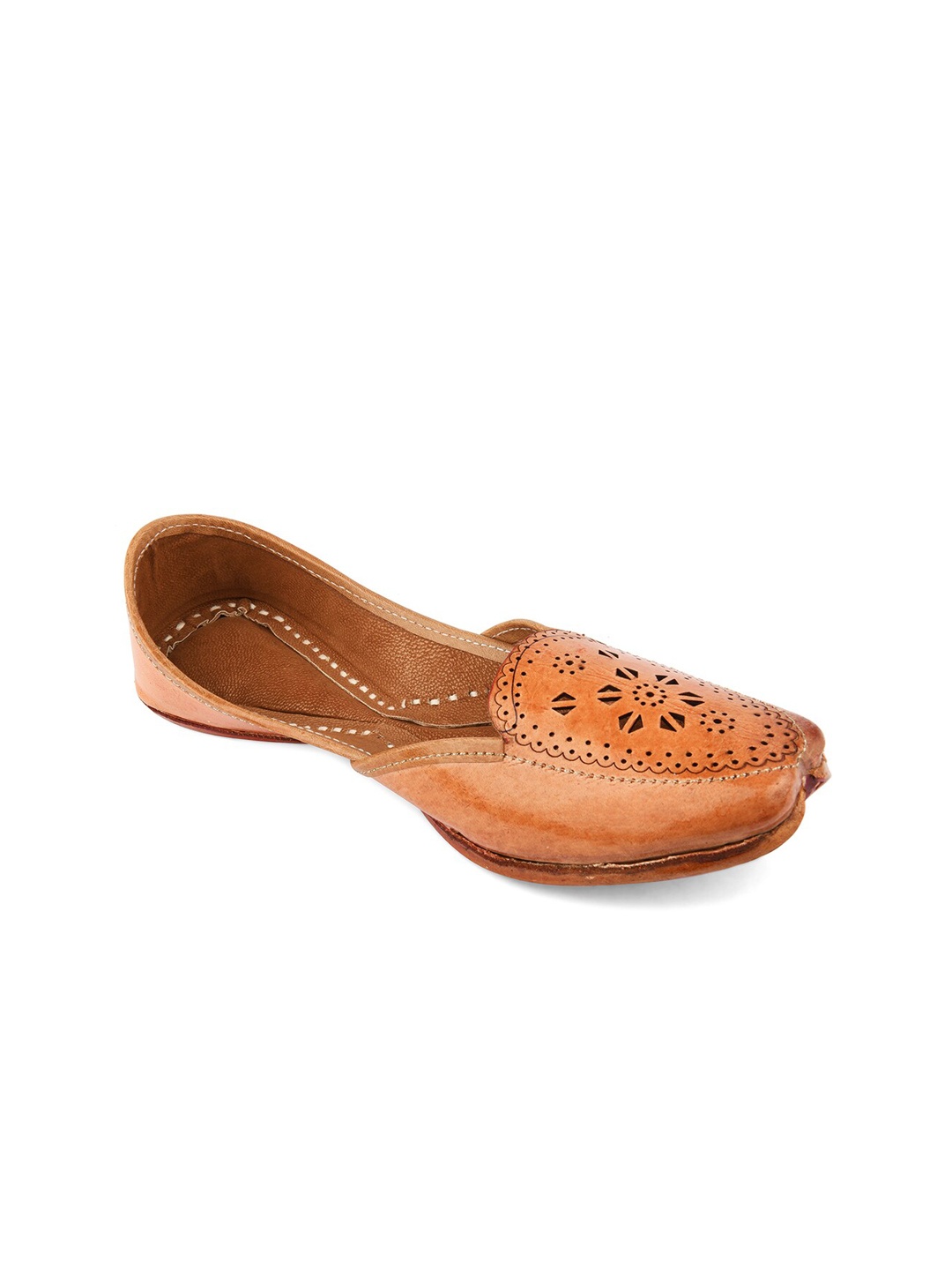 

DESI COLOUR Women Tan Textured Leather Ethnic Mojaris with Laser Cuts Flats