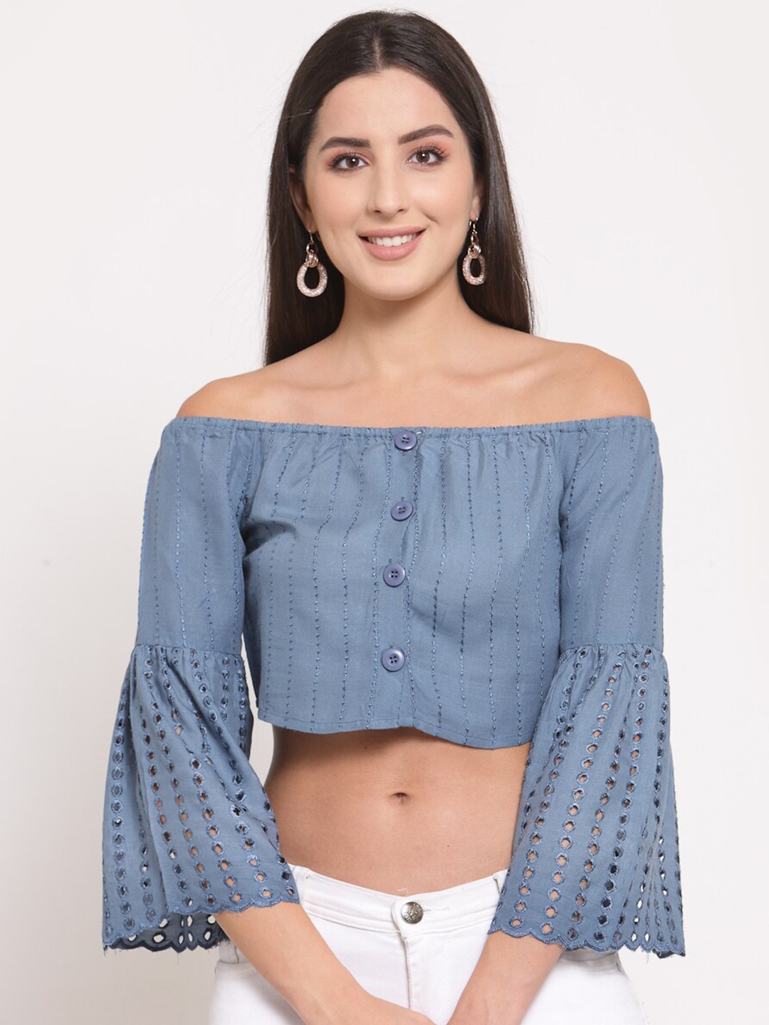 

LUCERO Grey Embroidered Off-Shoulder Bardot Crop Top