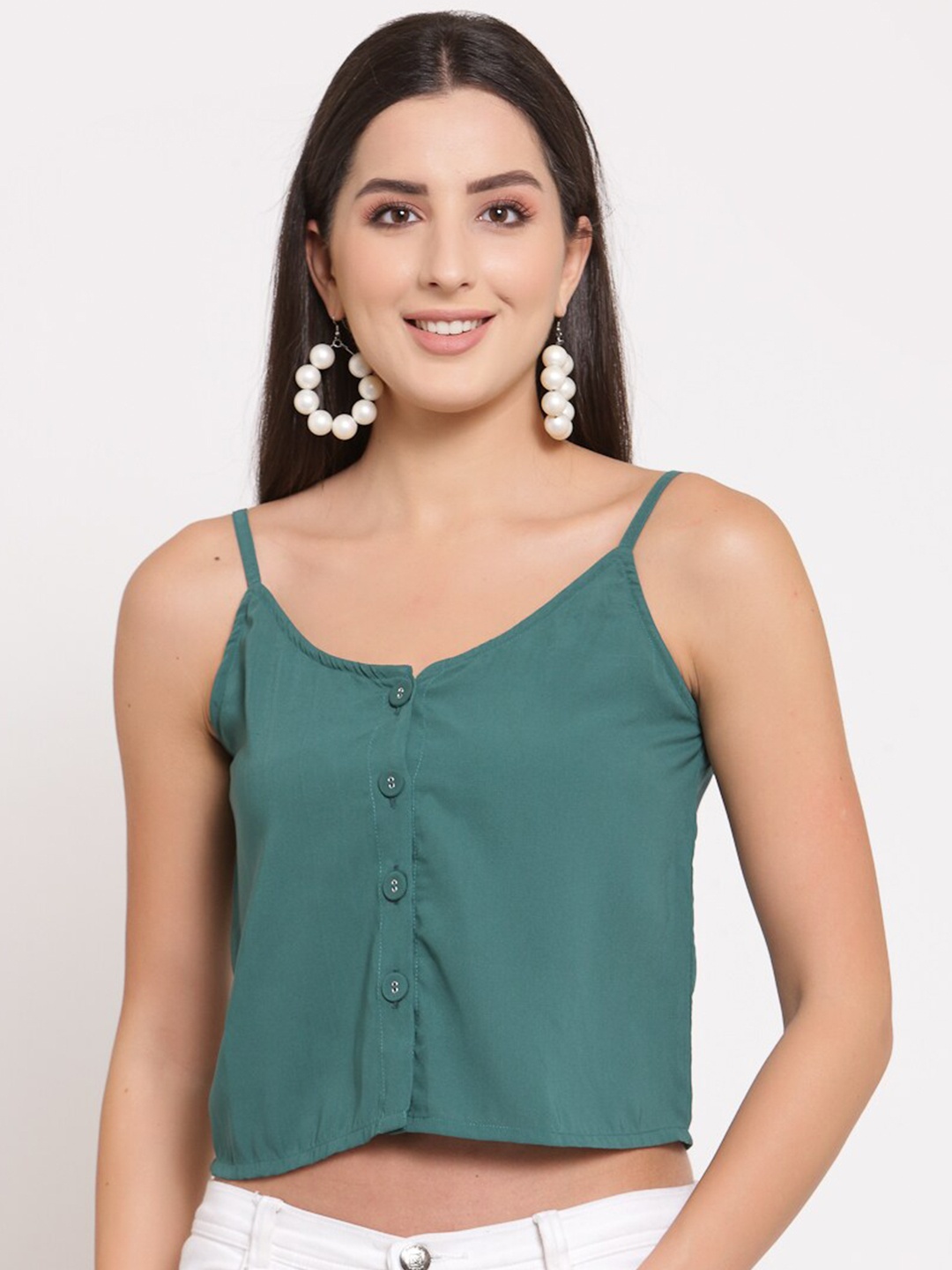 

LUCERO Teal Solid Shoulder Strap Regular Crop Top