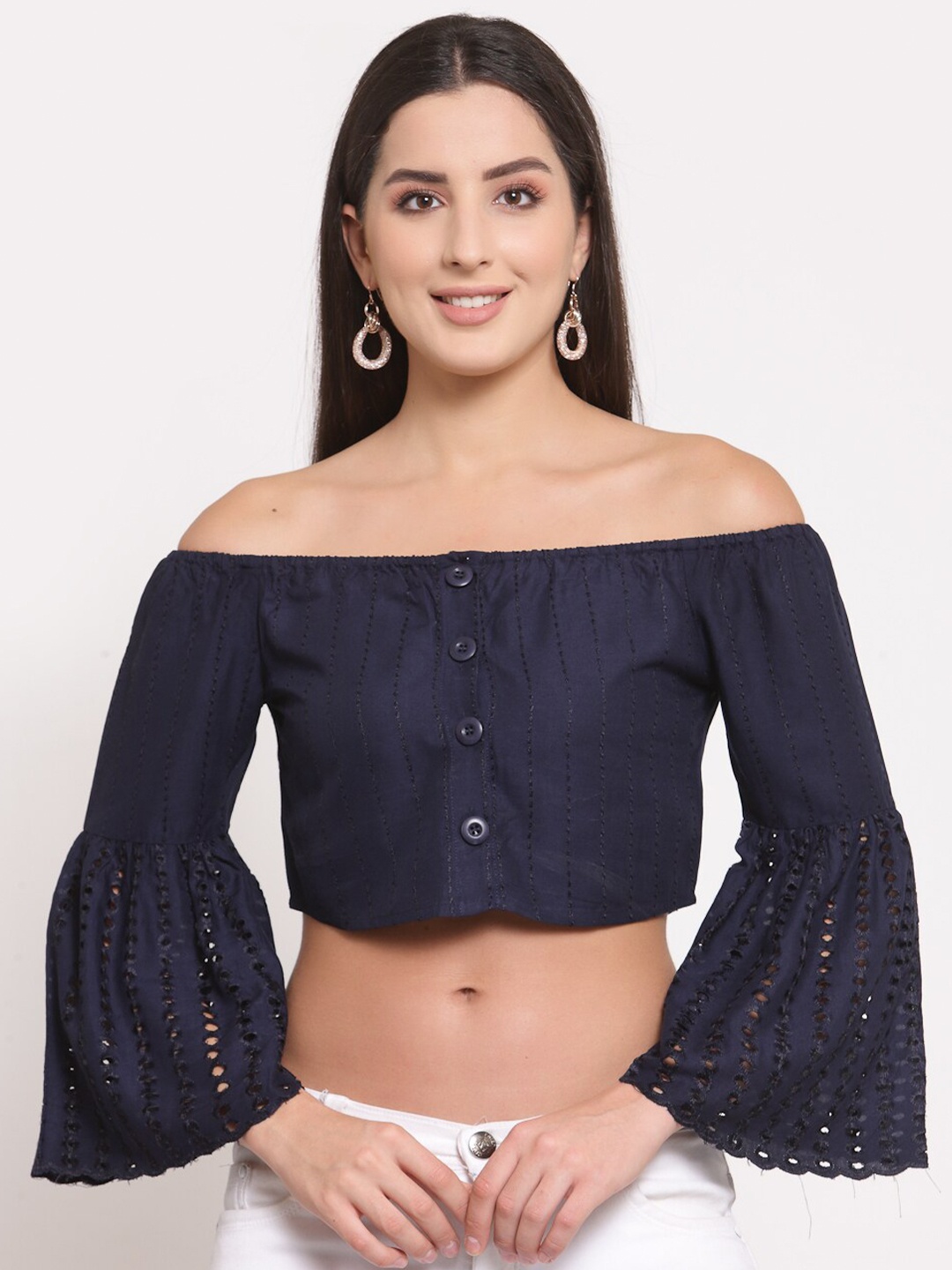 

LUCERO Navy Blue Off-Shoulder Bardot Crop Top