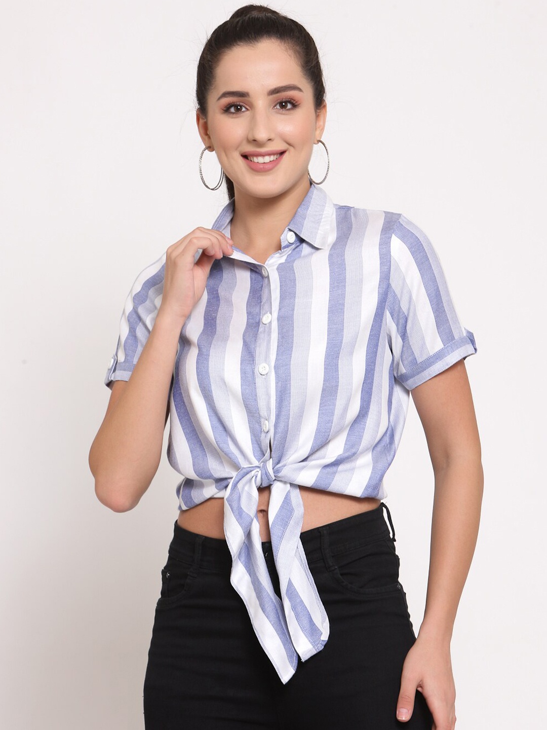 

LUCERO Blue & White Striped Shirt Style Crop Top