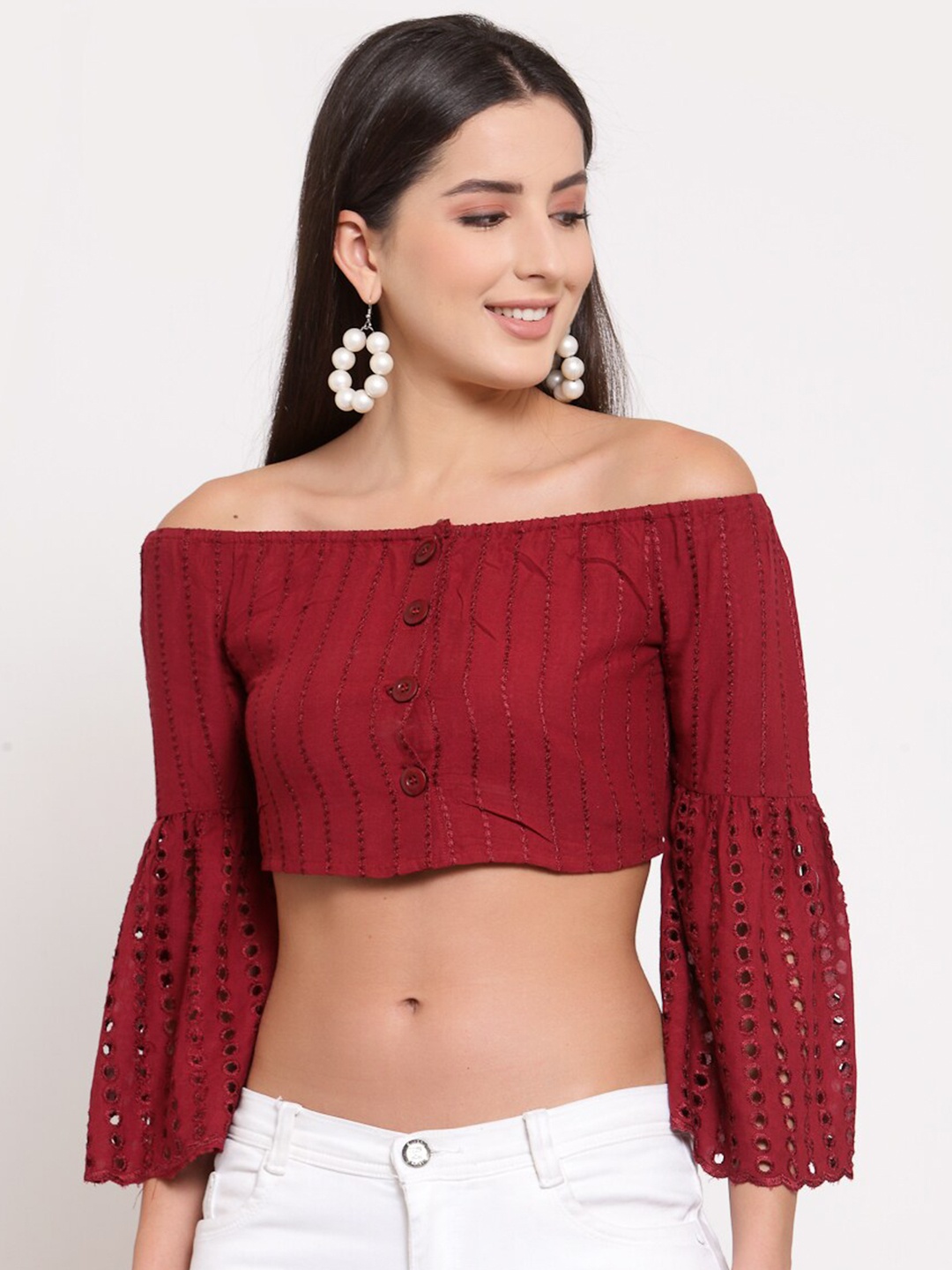 

LUCERO Red Striped Off-Shoulder Bardot Crop Top