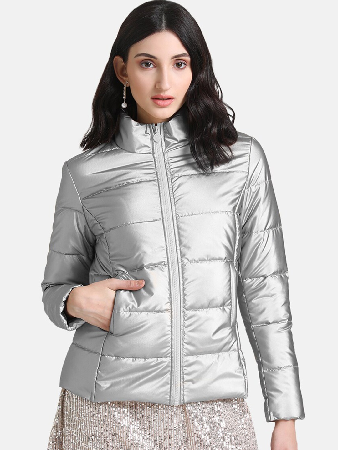 

Kazo Women Silver-Toned Striped Lightweight Puffer Jacket