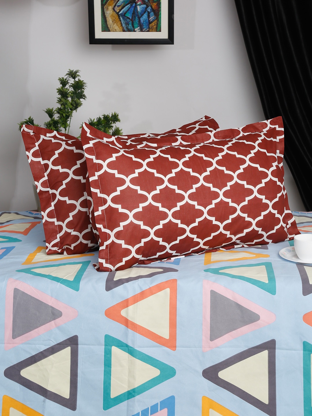 

HOSTA HOMES Set Of 2 Brown & White Printed Pure Cotton 140 TC Pillow Covers