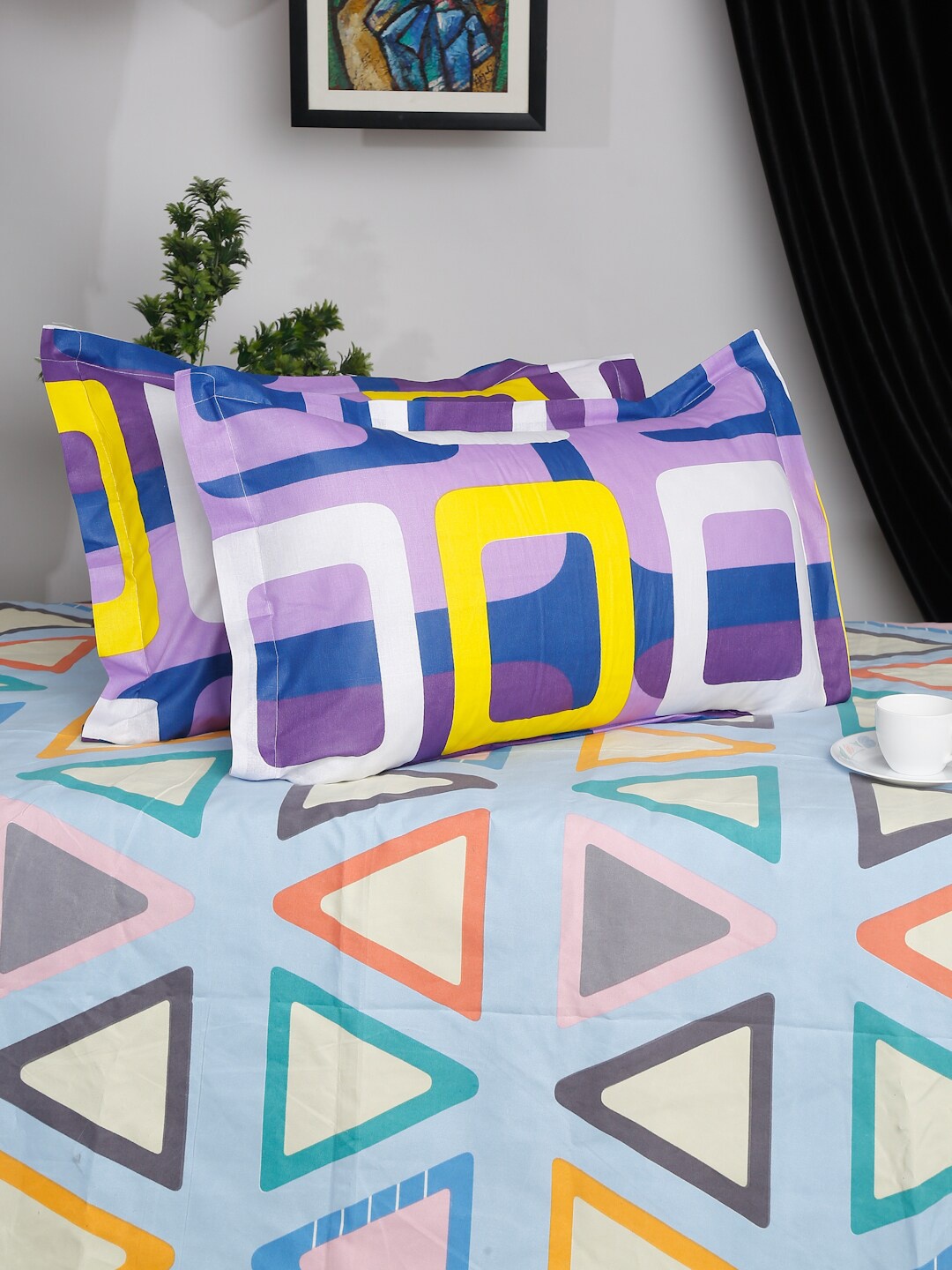 

HOSTA HOMES Set Of 2 Purple & White Printed Pure Cotton Pillow Covers