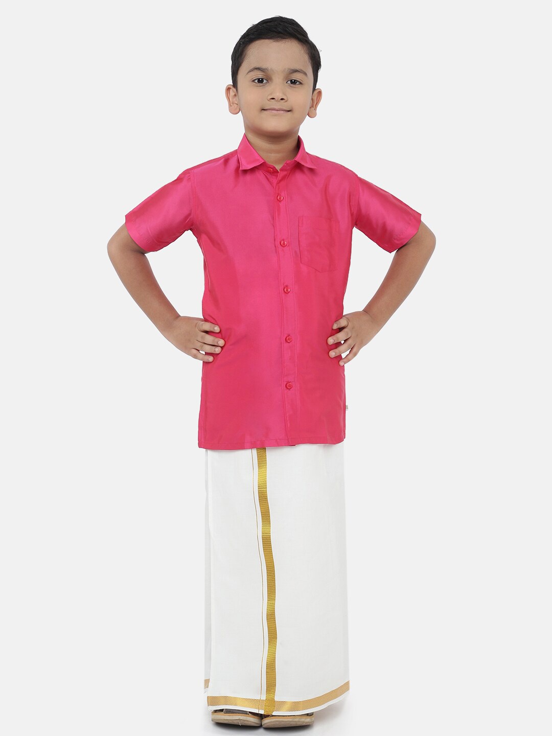 

LITTLESTARS Boys Pink & White Shirt with Ready To Wear Dhoti Set