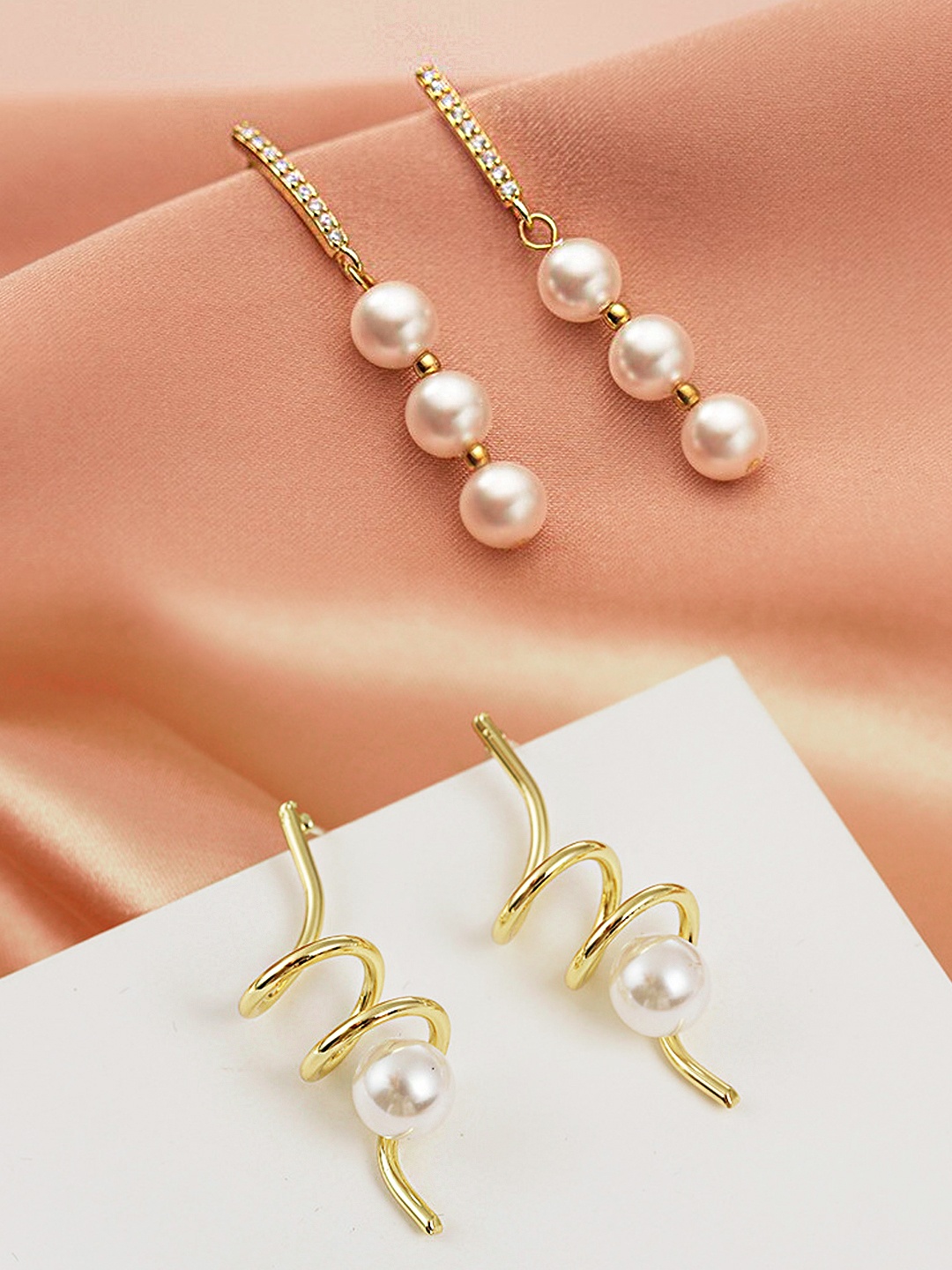 

Yellow Chimes Set Of 2 Gold-Toned Contemporary Pearls Drop Earrings