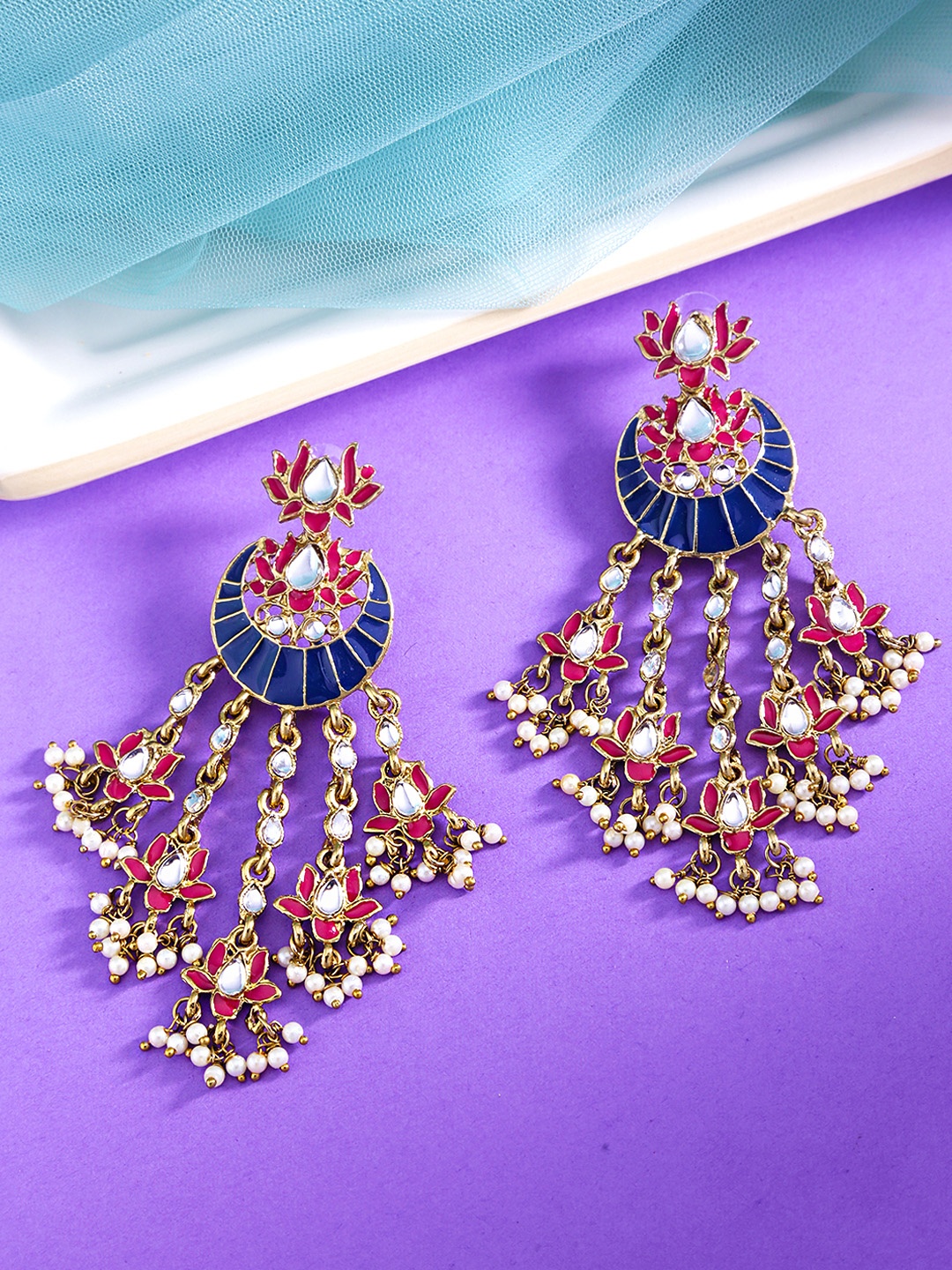 

Yellow Chimes Gold-Plated & Red Floral Chandbalis Earrings