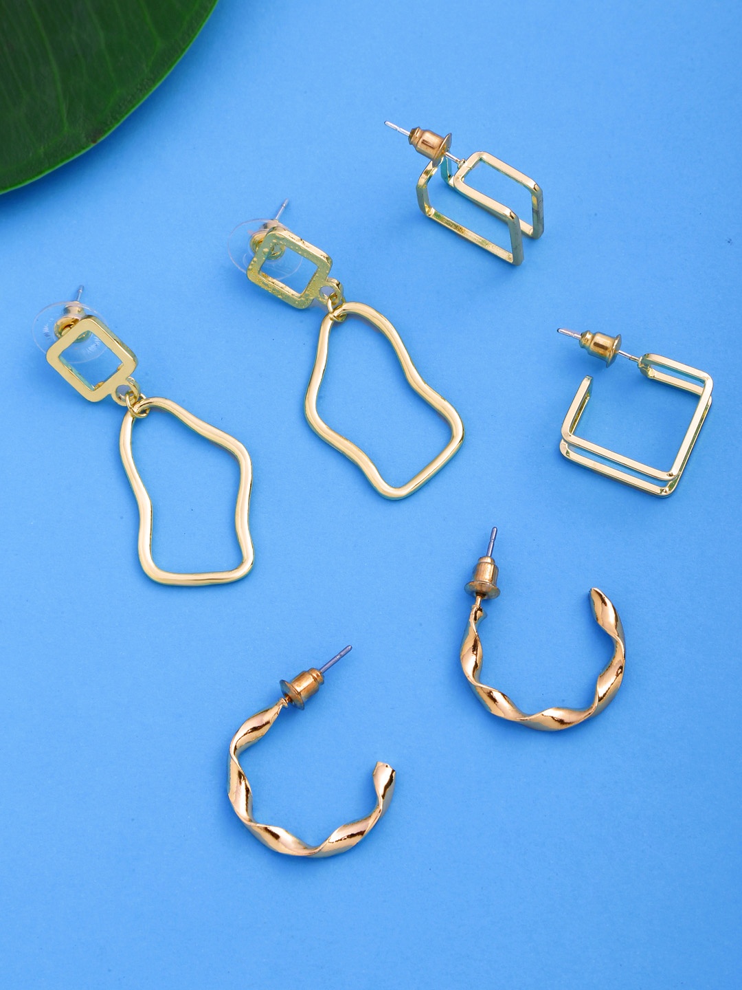 

Yellow Chimes Woman Set of 3 Gold Plated Geometric Design Drop Earrings