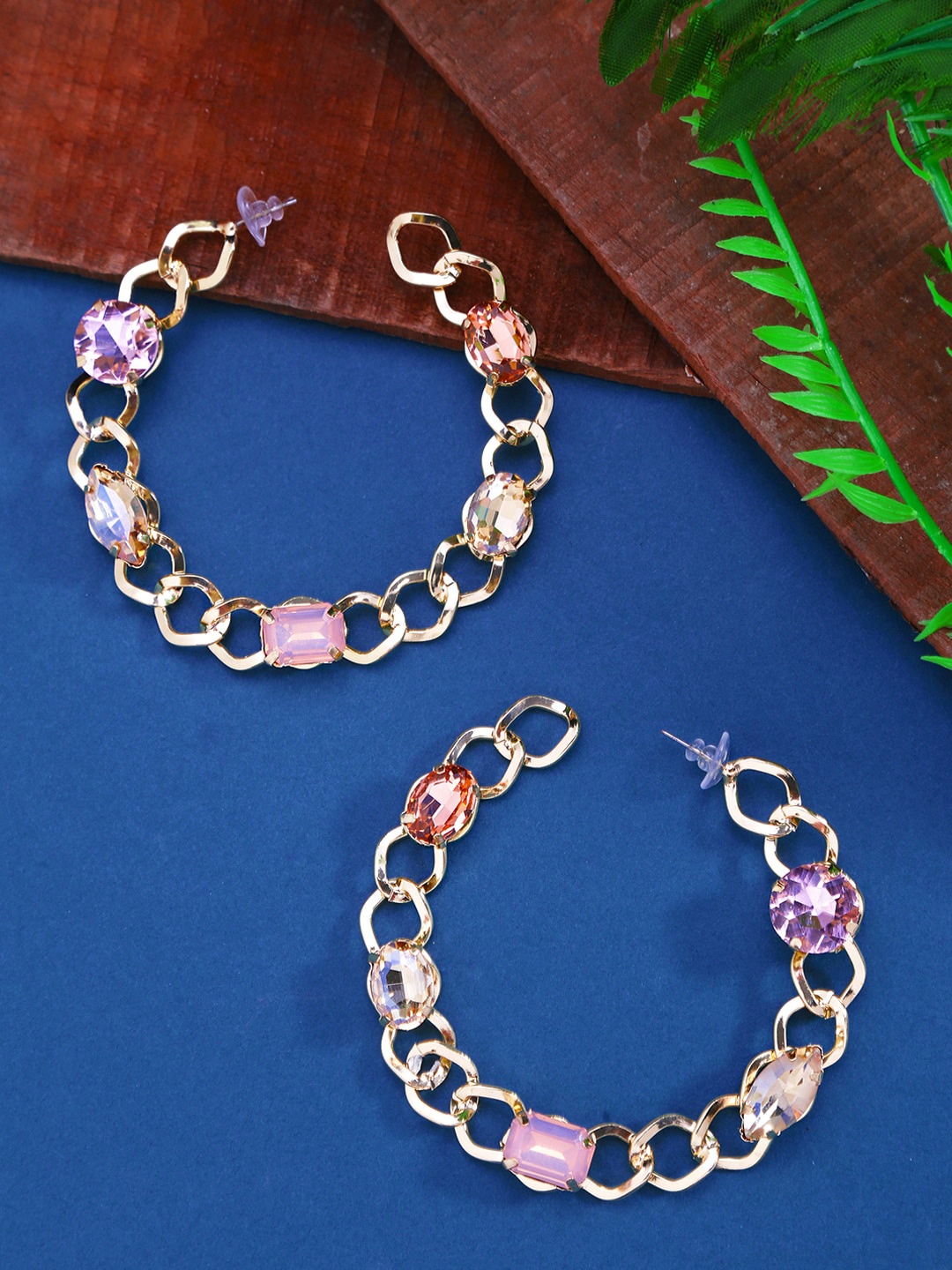 

Yellow Chimes Gold-Toned Crystal Studded Circular Half Hoop Earrings
