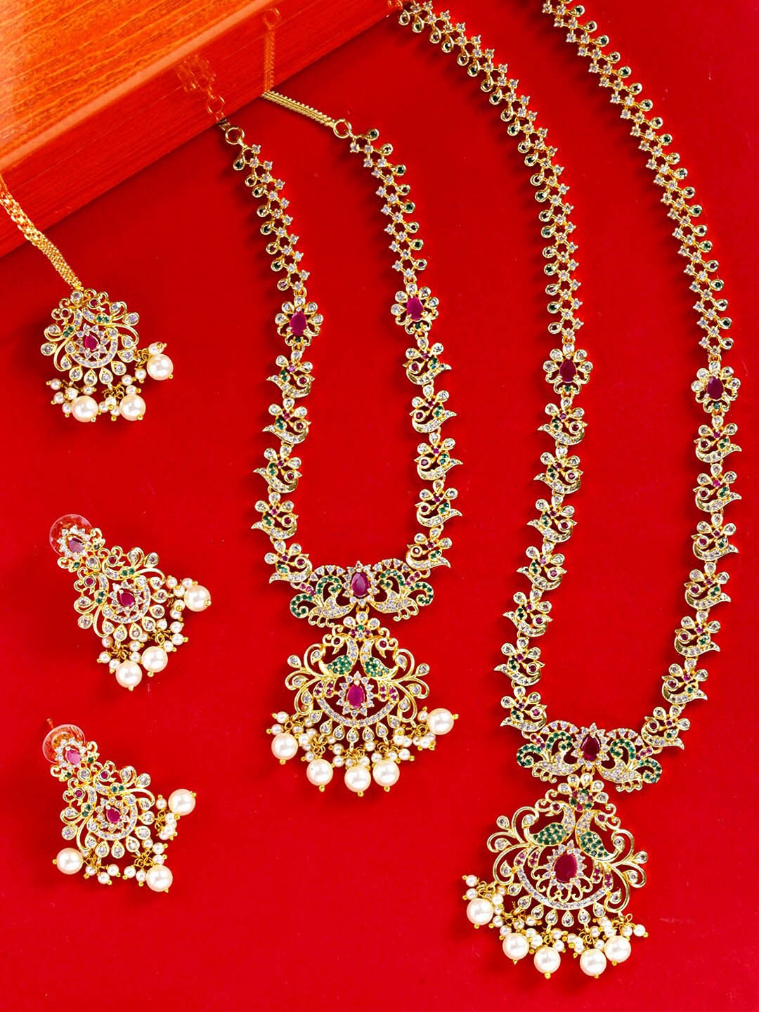 

Yellow Chimes Gold-Plated White & Red AD-Studded & Beaded Jewellery Set