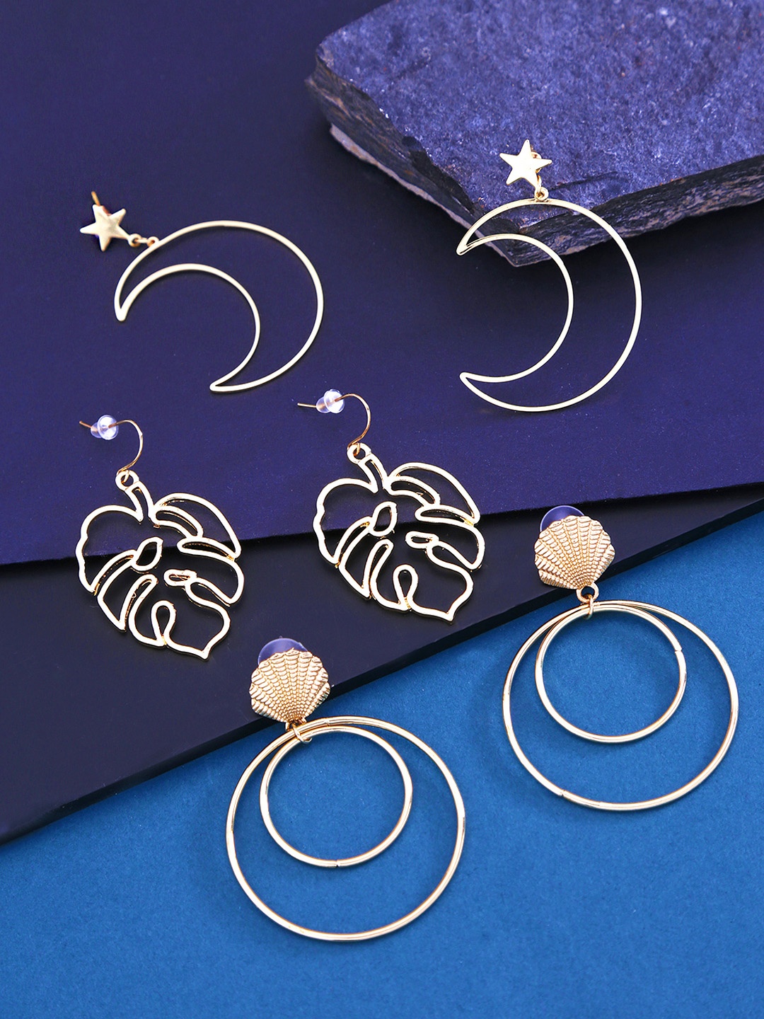 

Yellow Chimes Set Of 3 Gold-Toned Contemporary Drop Earrings