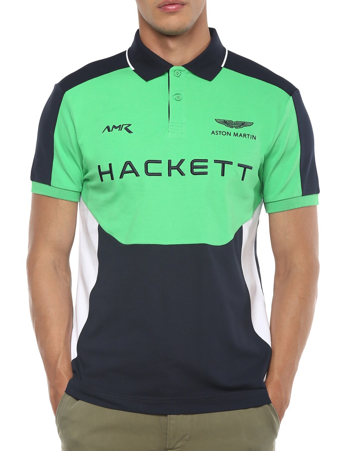 

HACKETT LONDON Men Green & Black Colourblocked Polo Collar T-shirt