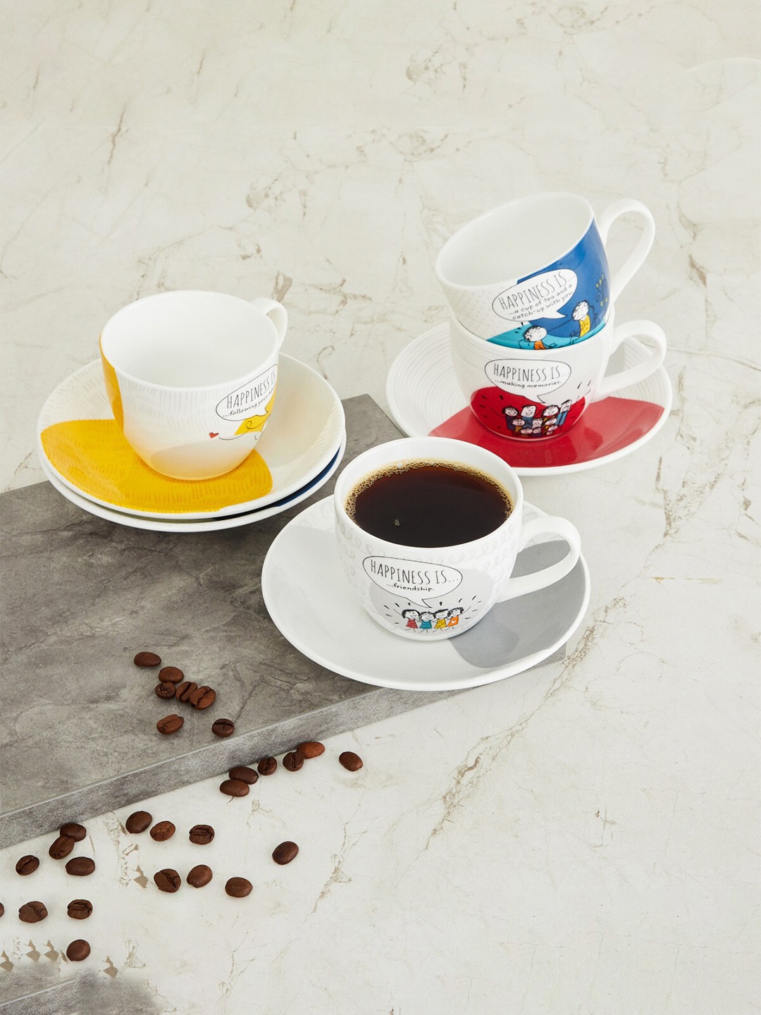 

Home Centre Multicoloured Set Of 4 Printed Bone China Matte Cups & Saucers, Multi