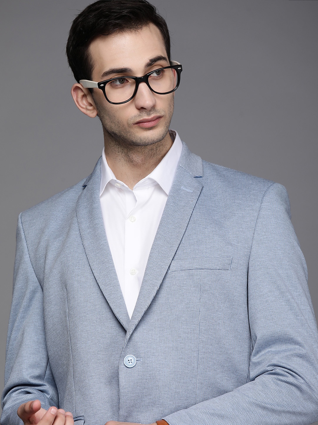 

Peter England Elite Men Blue Self Design Single-Breasted Slim-Fit Formal Blazer