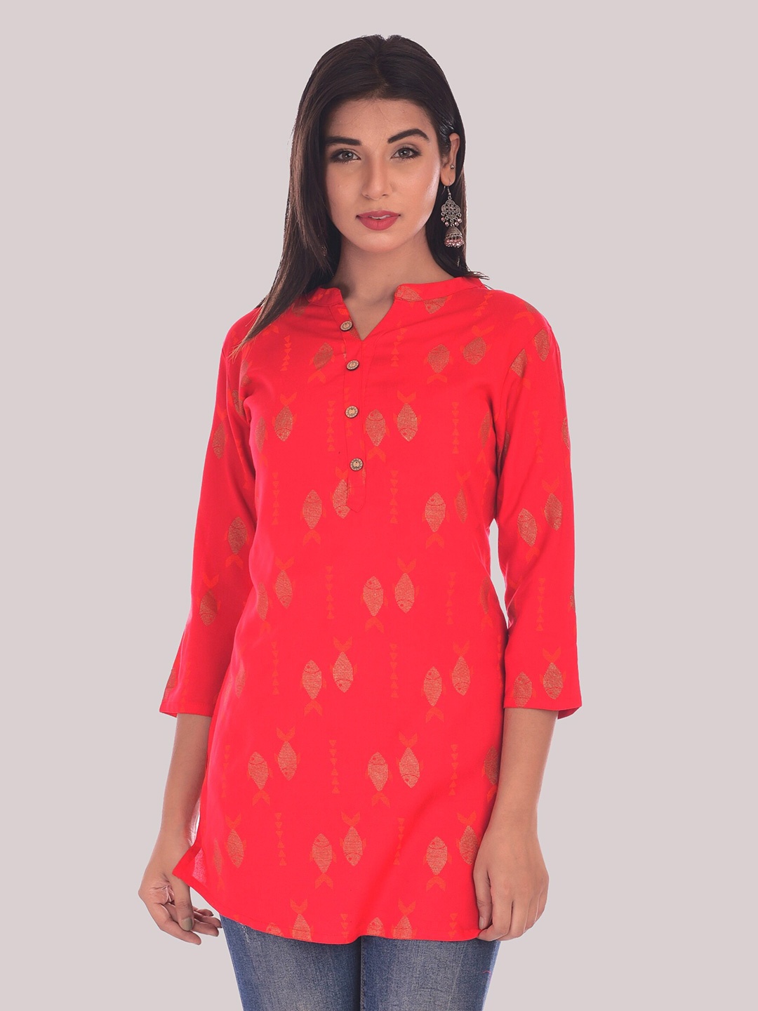 

DIVYANK Red & Beige Geometric Printed Kurti