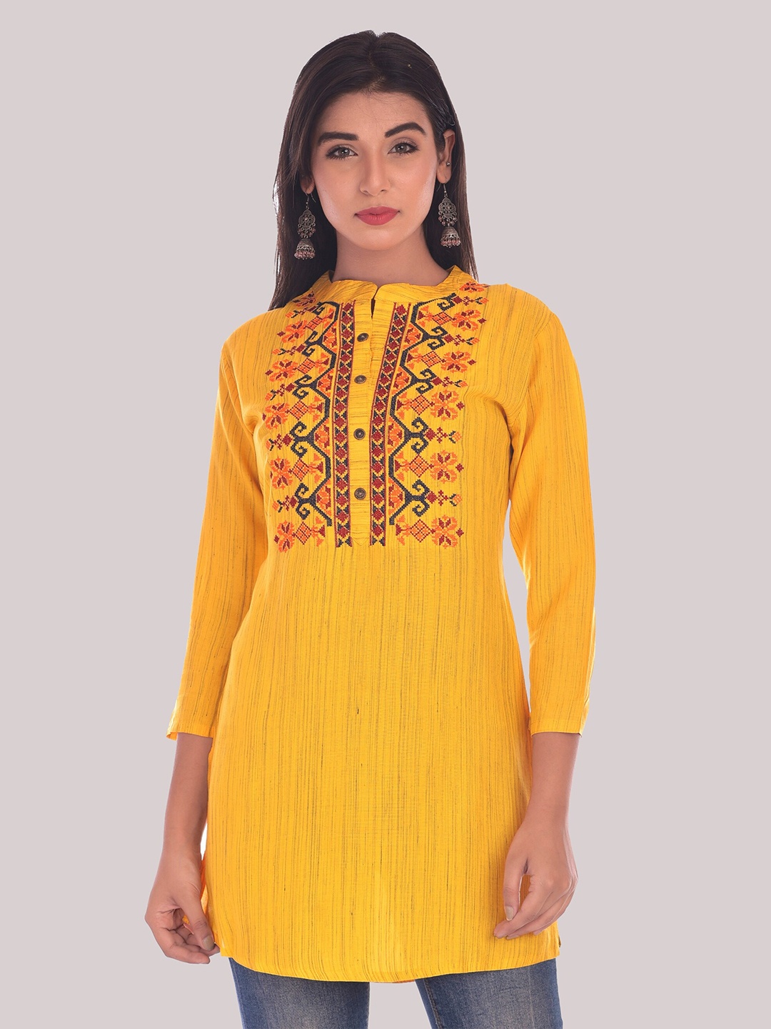 

DIVYANK Yellow & Orange Ethnic Motifs Embroidered Thread Work Thread Work Kurti