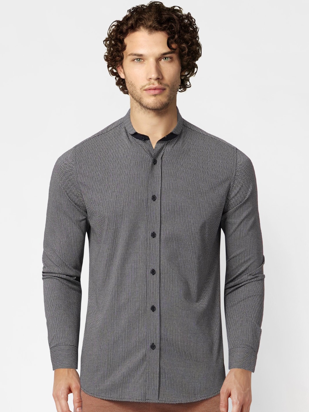 

Jack & Jones Men Grey Slim Fit Opaque Printed Casual Cotton Shirt