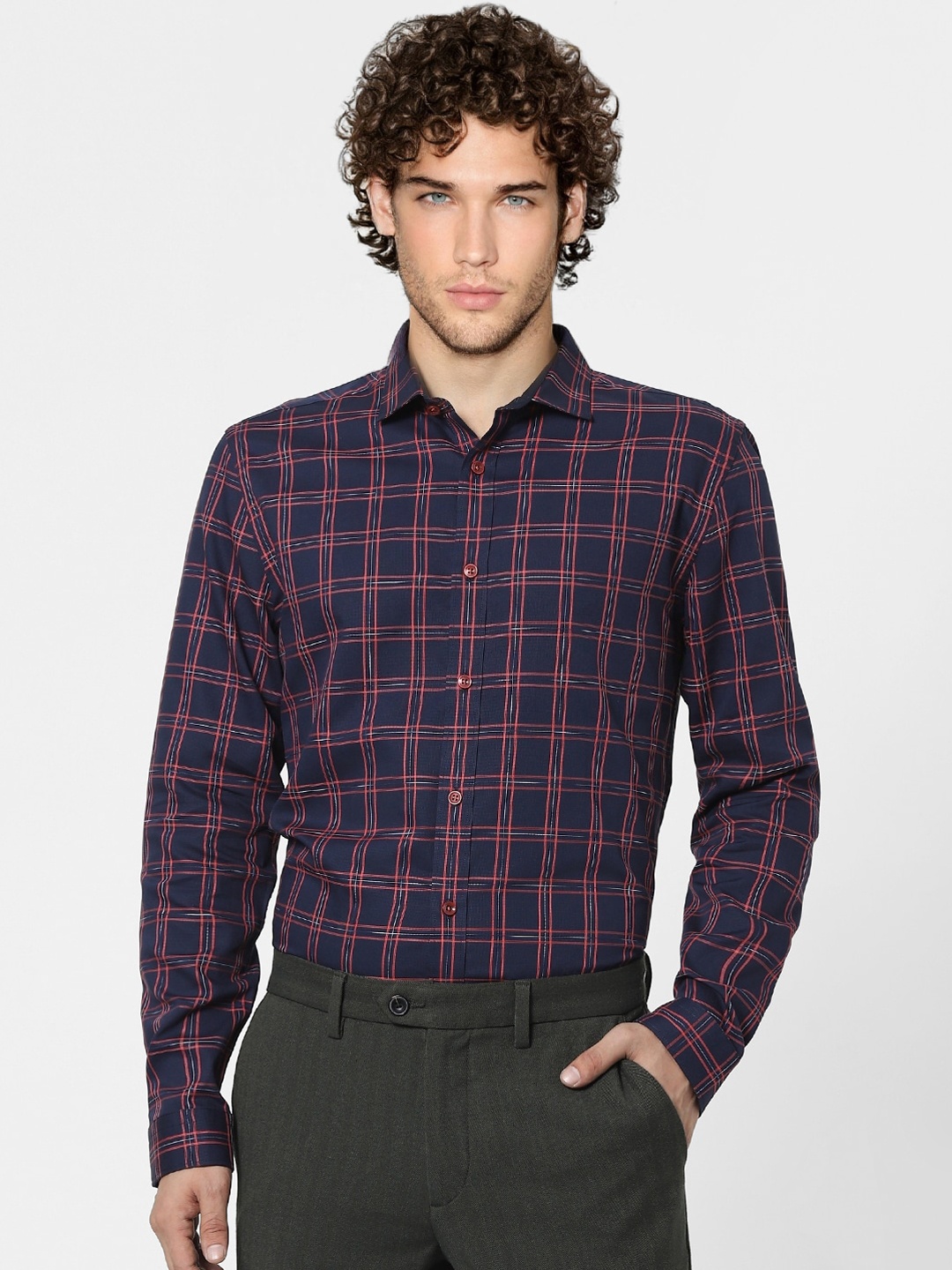 

Jack & Jones Men Navy Blue & Red Tartan Checks Opaque Checked Casual Shirt