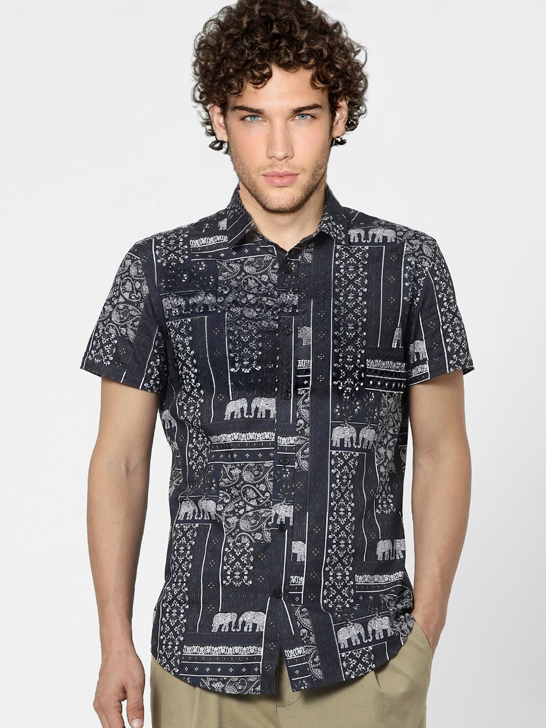

Jack & Jones Men Black Slim Fit Opaque Printed Casual Shirt