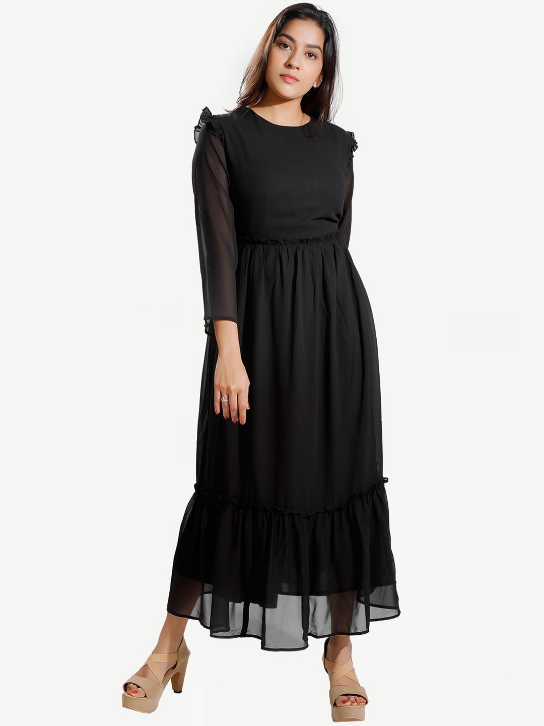 

Dream of Glory Inc Black Solid Layered Fit & Flare Midi Dress