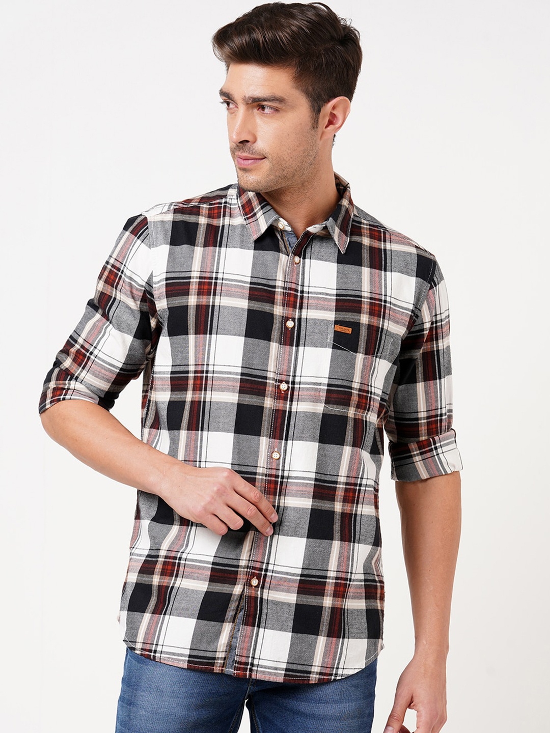 

Pepe Jeans Men White & Navy Blue Tartan Checks Opaque Pure Cotton Casual Shirt