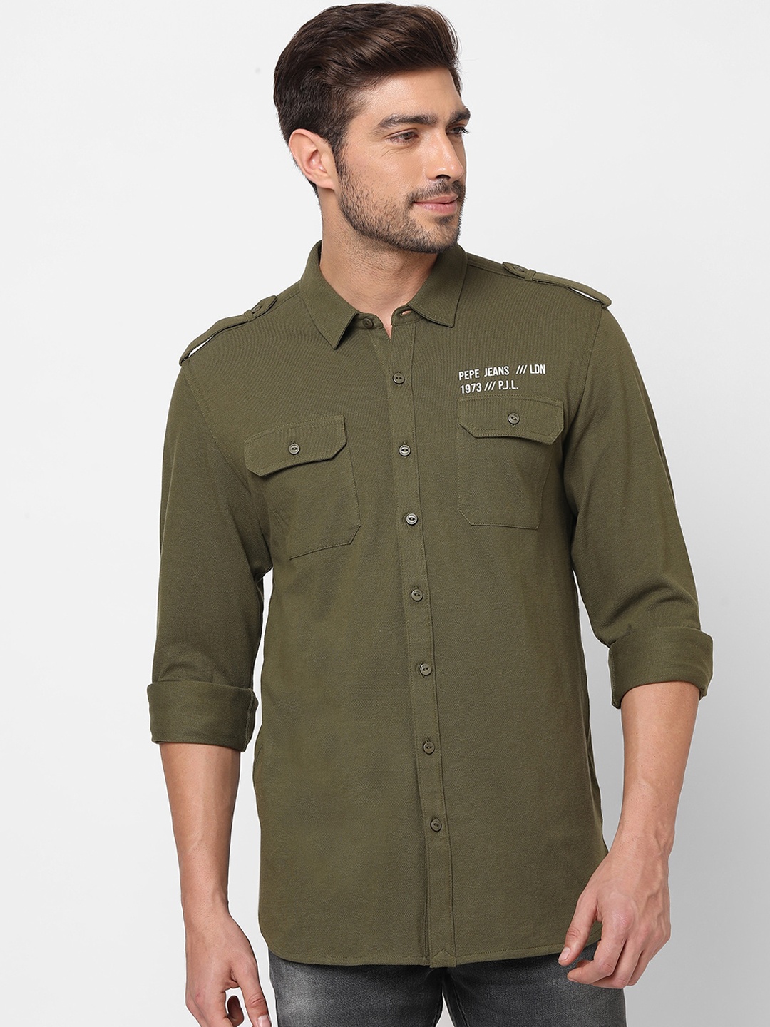 

Pepe Jeans Men Olive Green Opaque Casual Cotton Shirt