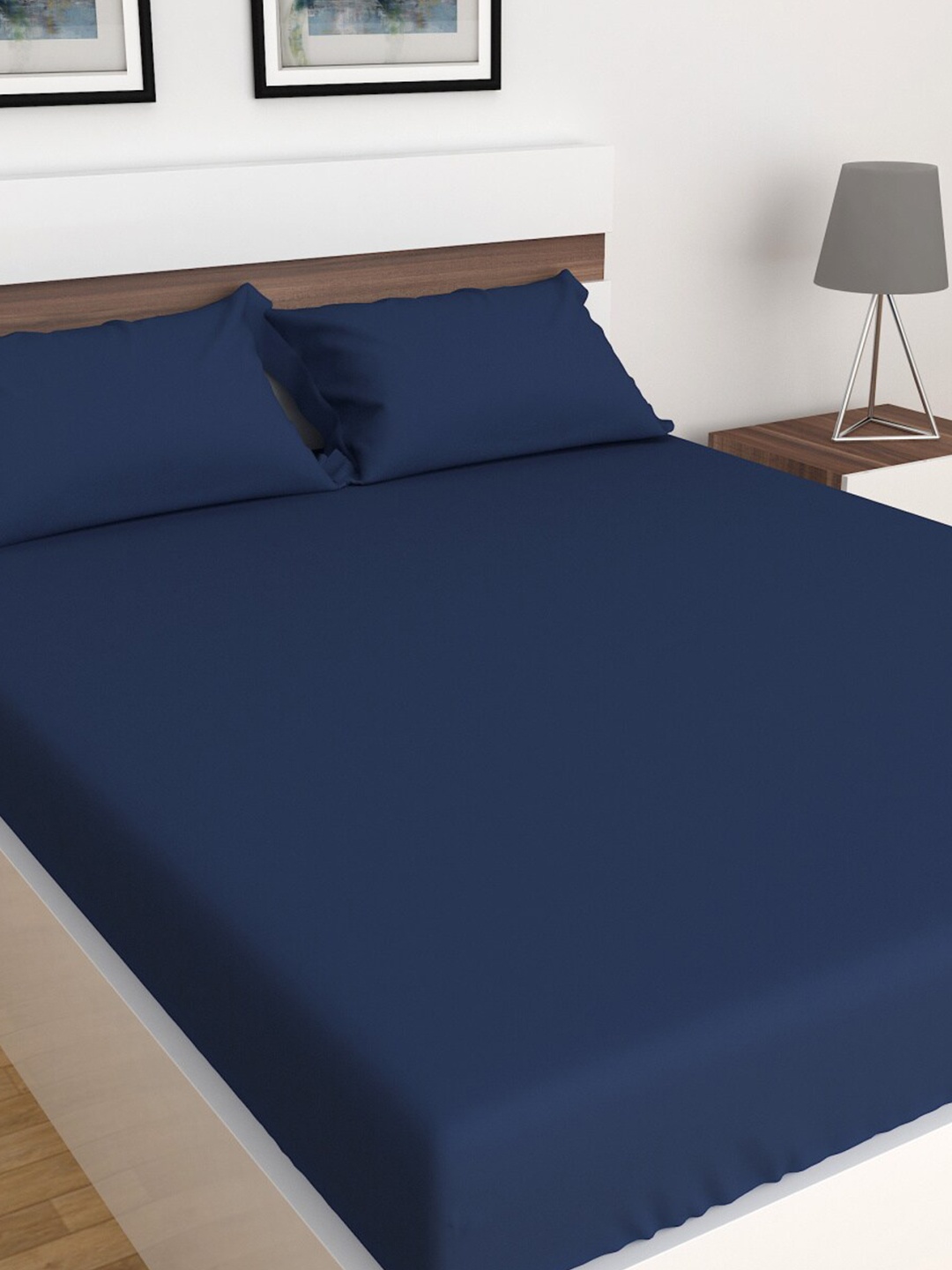 

Home Centre Blue Juniper 3 Piece Solid Double Bedsheet Set, Navy blue