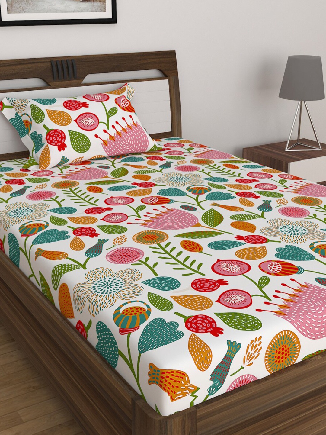 

Home Centre Pack of 2 Multicoloured Floral Single Bedsheet with 1 Pillow Covers, Multi