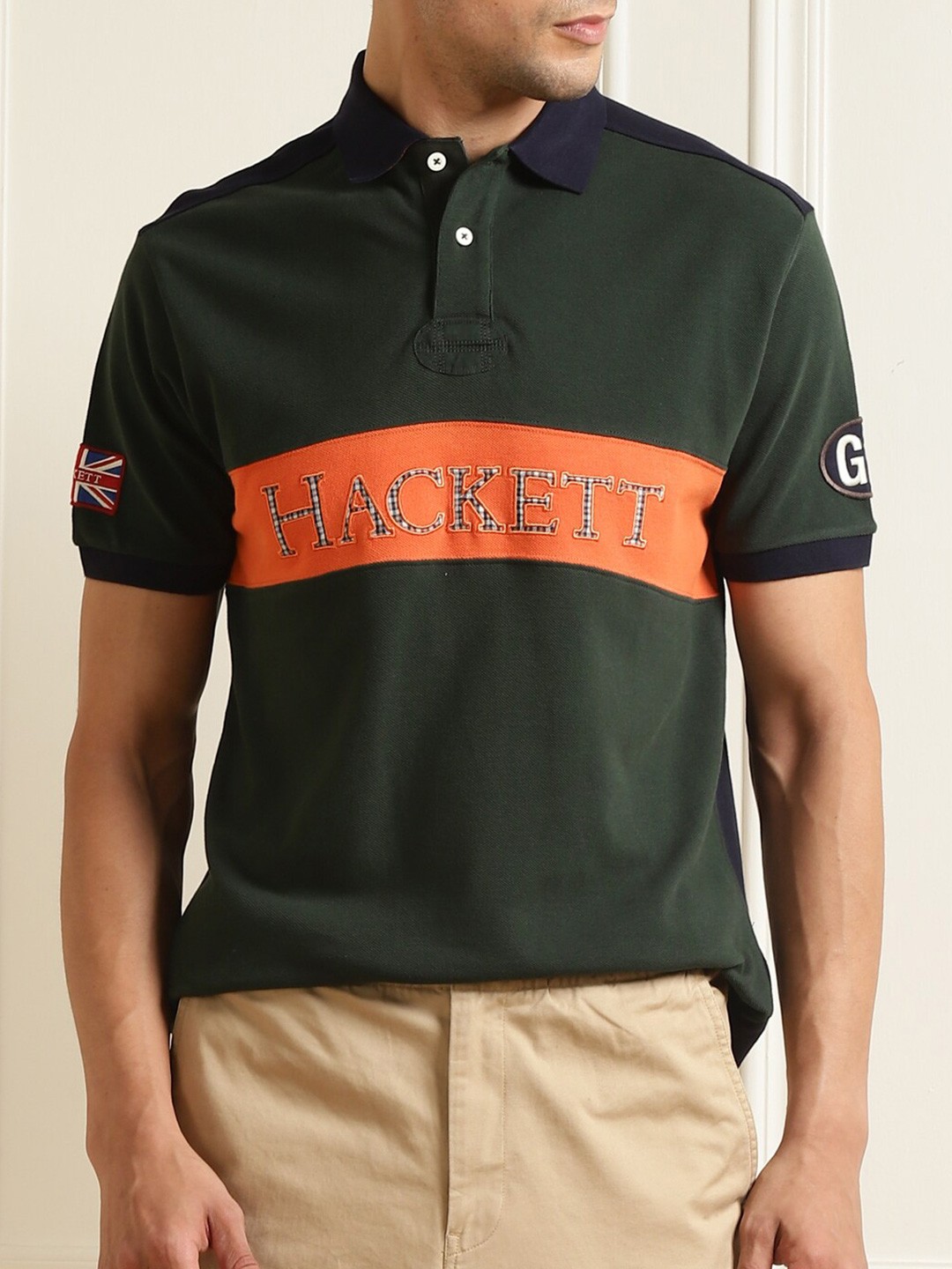 

HACKETT LONDON Men Green & Orange Colourblocked Polo Collar T-shirt