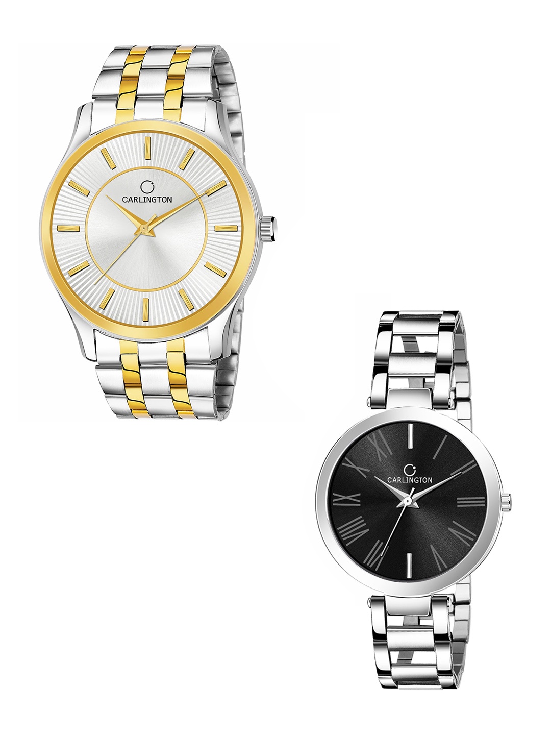 

CARLINGTON Unisex Set Of 2 Brass Dial & Silver Toned Bracelet Style Straps Analogue Watch