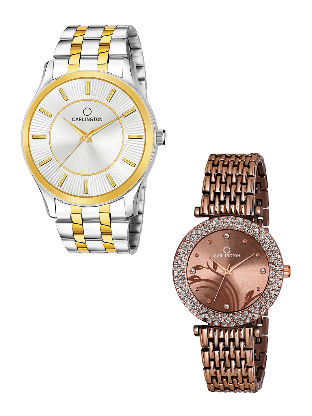 

CARLINGTON Unisex Set of 2 Brass Dial & Stainless Steel Straps Analogue Watches CT-6220SS, Silver