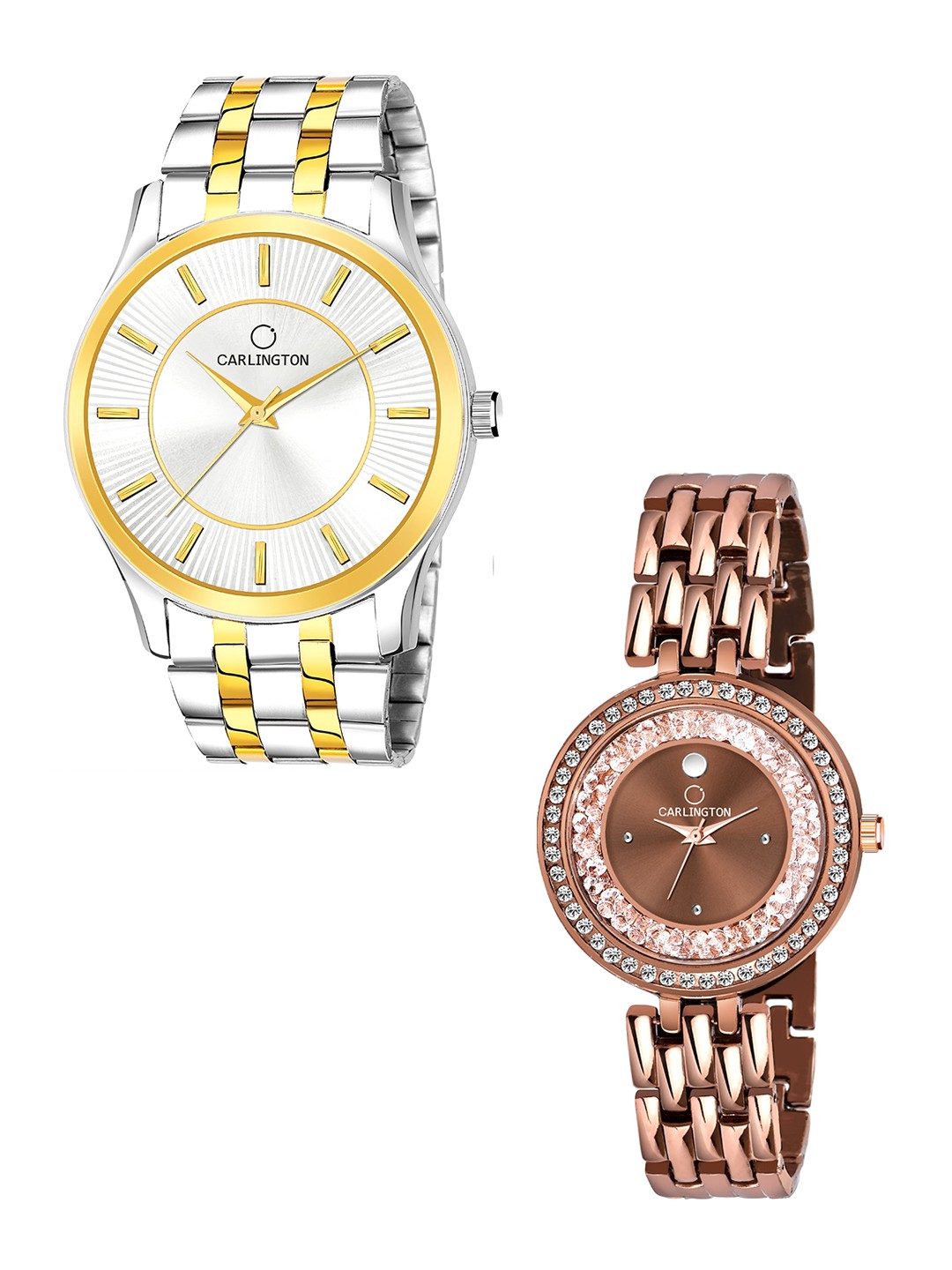 

CARLINGTON Unisex Pack Of 2 Multicoloured Brass Dial & Steel Straps Watch Combo CT-6220SS, Silver