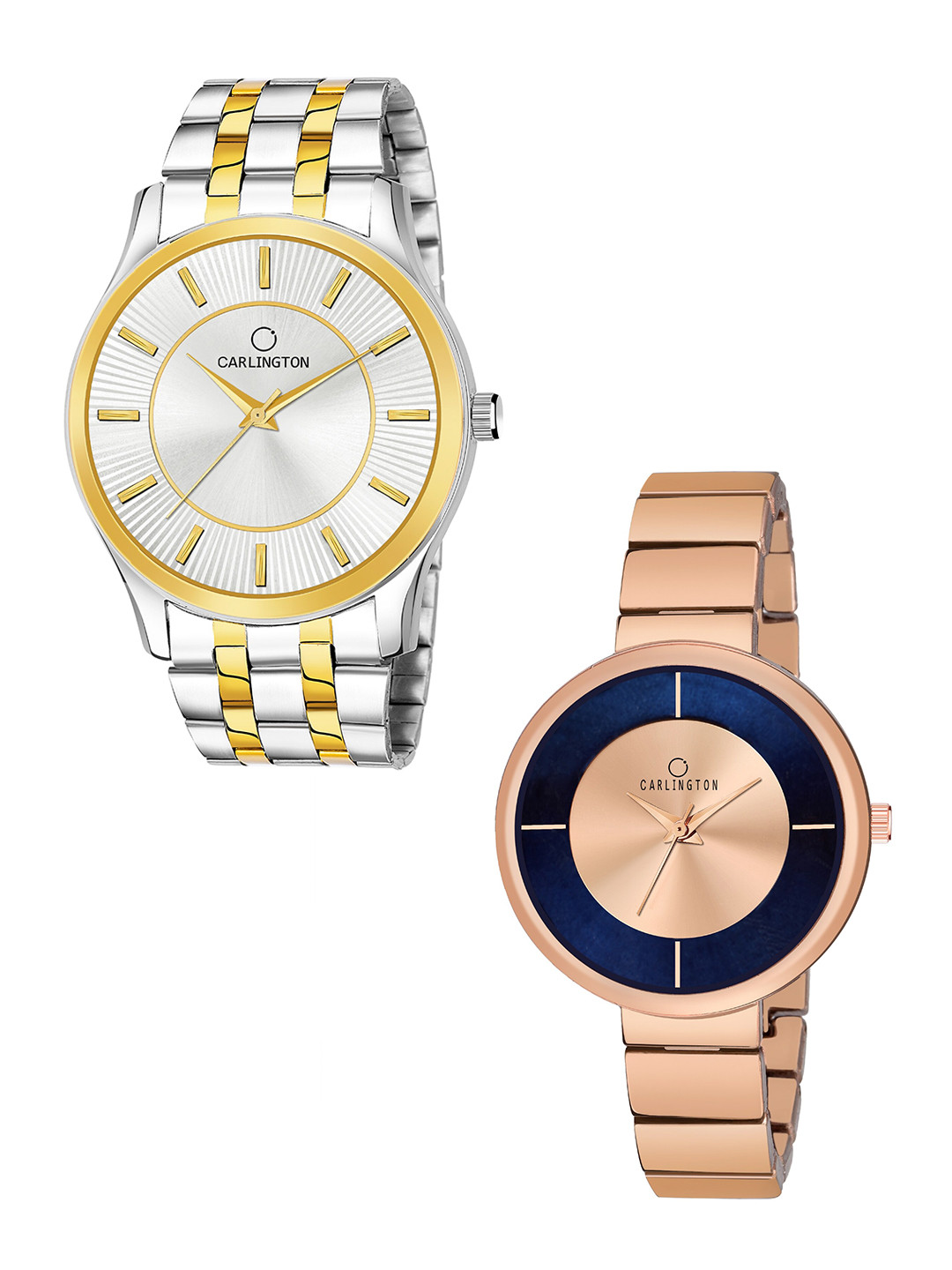 

CARLINGTON Unisex Set Of His & Her Brass Dial & Stainless Steel Straps Analogue Watch Set, Silver