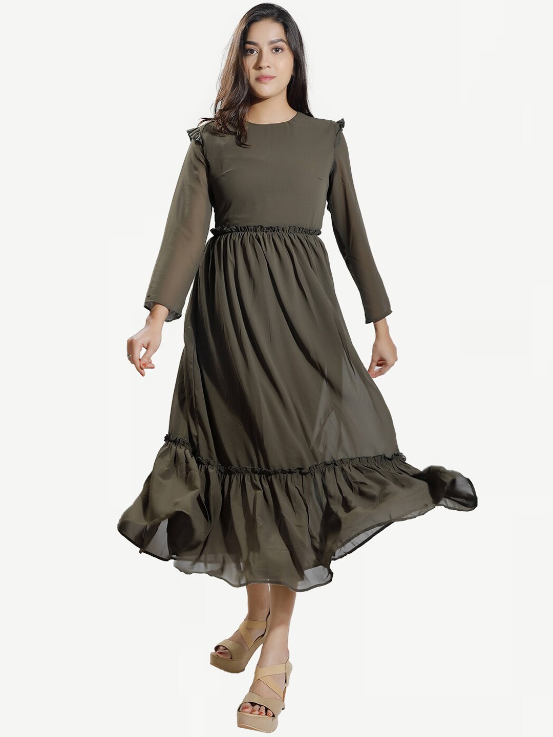 

Dream of Glory Inc Olive Green Georgette Maxi Dress