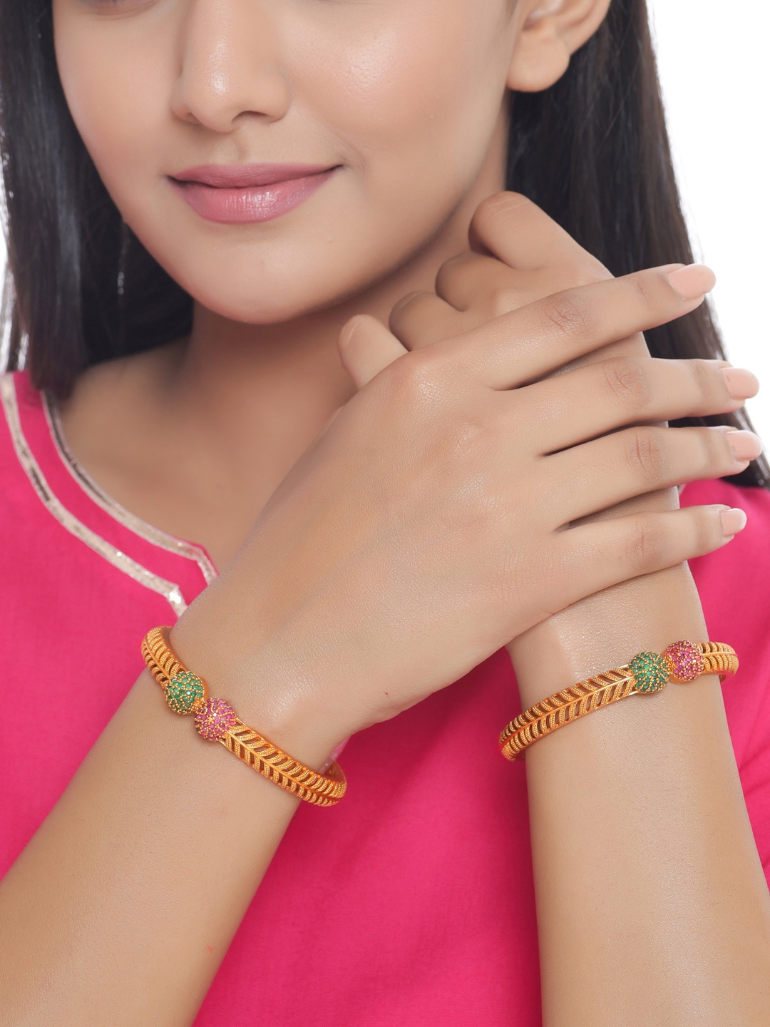 

Shoshaa Set Of 2 Gold-Plated Pink & Green Stone-Studded Handcrafted Bangles