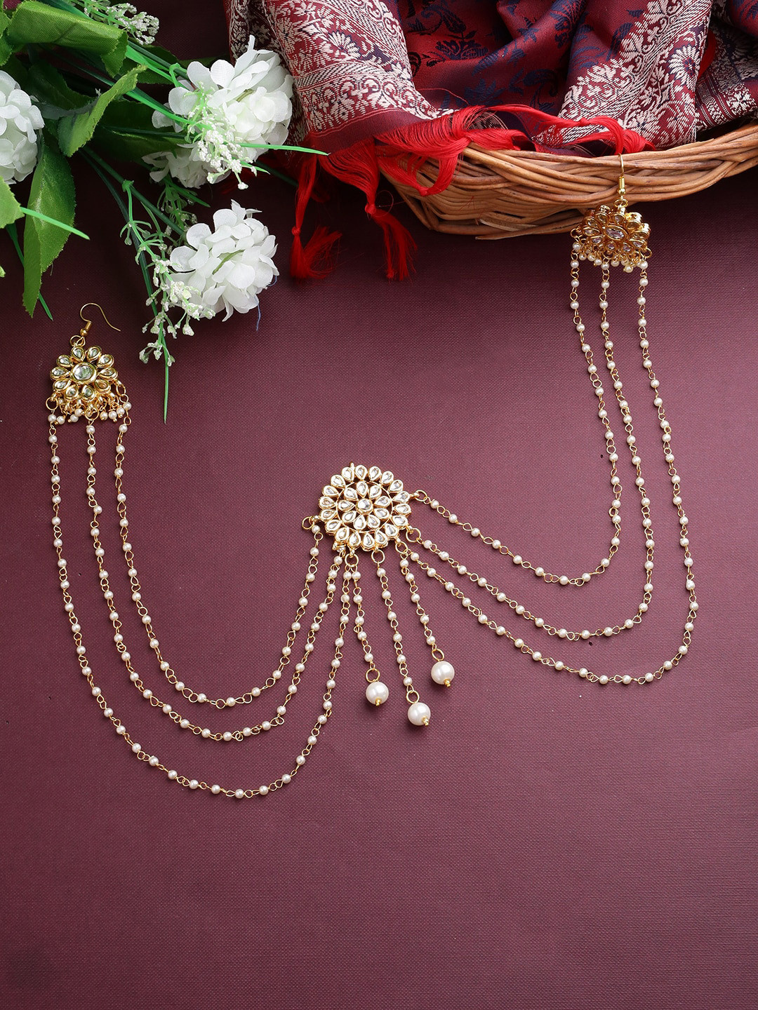 

Shoshaa Gold-Plated White Stone & Kundan-Studded & Beaded Handcrafted Bun Pin With Attached Earrings