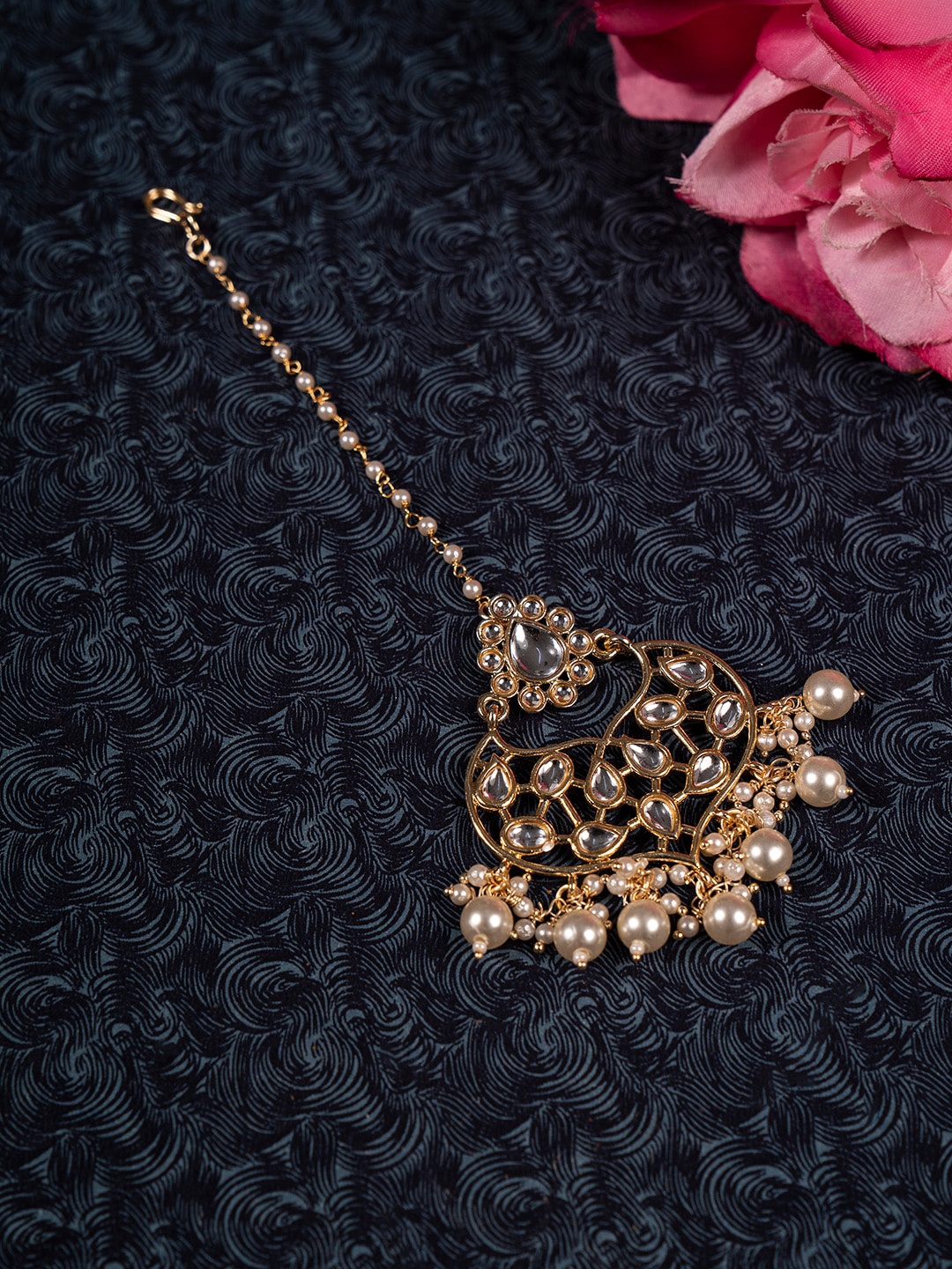 

Shoshaa Gold-Plated & White Kundan-Studded & Pearls Beaded Handcrafted Maang Tikka