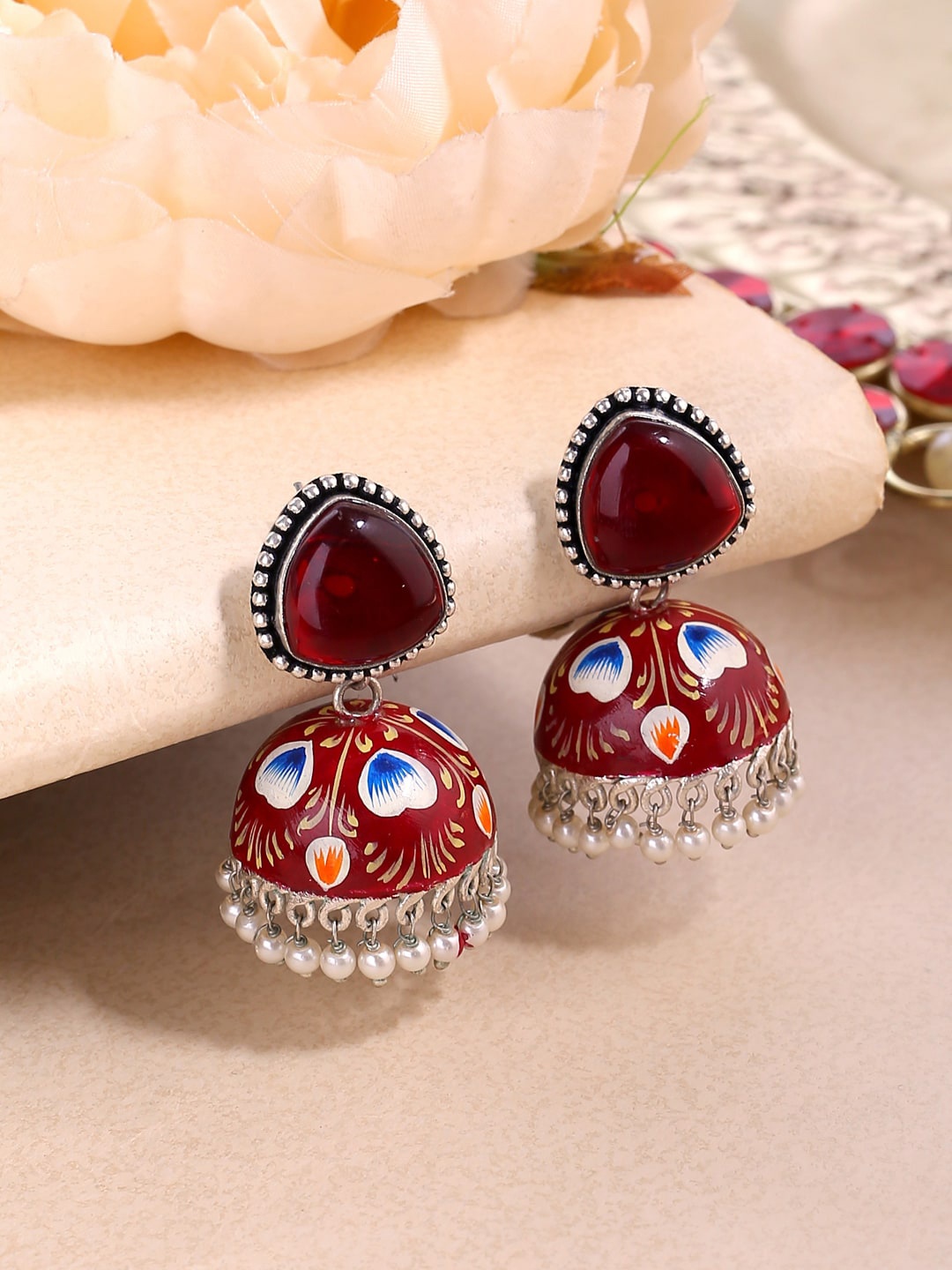

Shoshaa Maroon Stone Studded Contemporary Meenakari Jhumkas Earrings