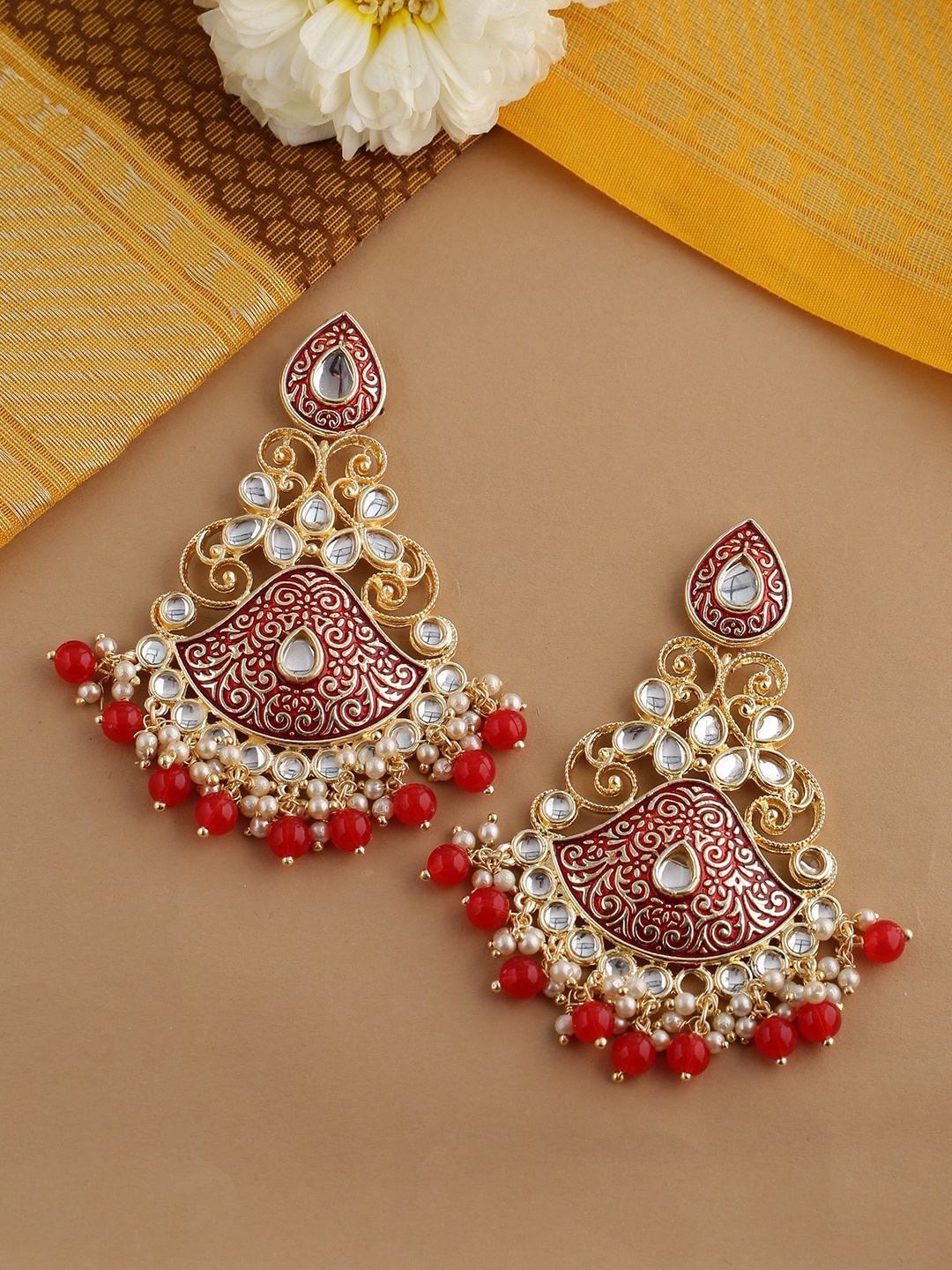 

Shoshaa Pink & Gold-Toned Kundan Studded Contemporary Drop Earrings