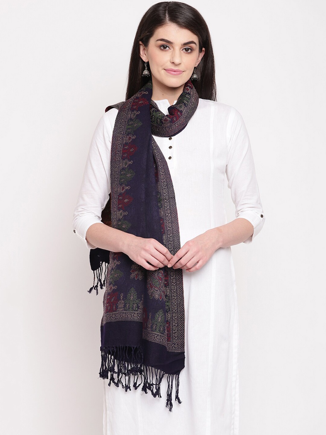 

HK colours of fashion Women Navy Blue & Green Woven Design Stole