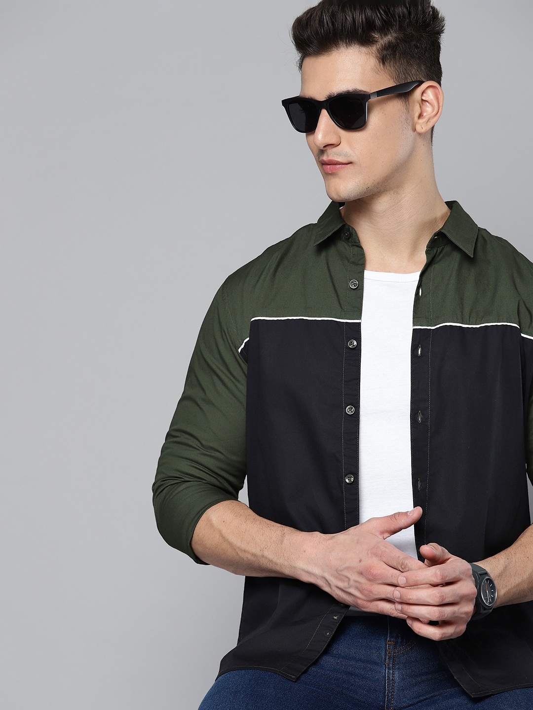 

Harvard Men Navy Blue & Olive Green Colourblocked Pure Cotton Shirt